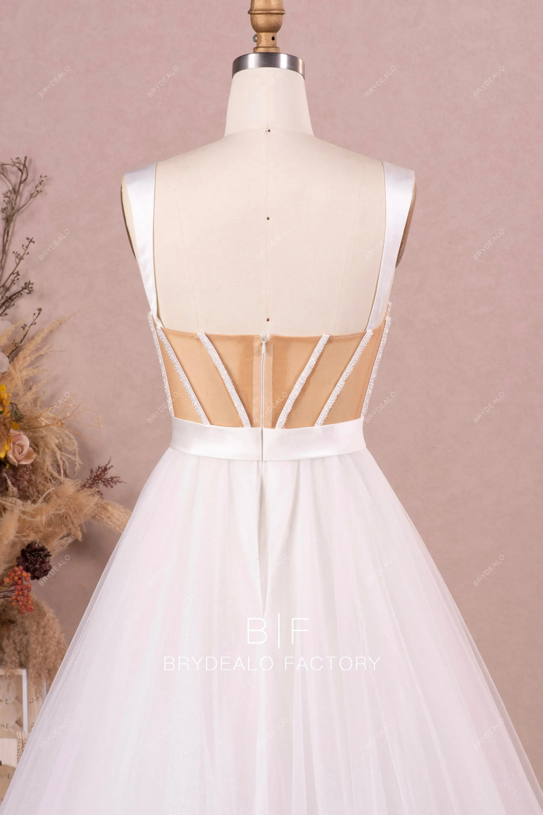 Designer Beaded Boning Illusion Corset A-line Long Wedding Dress
