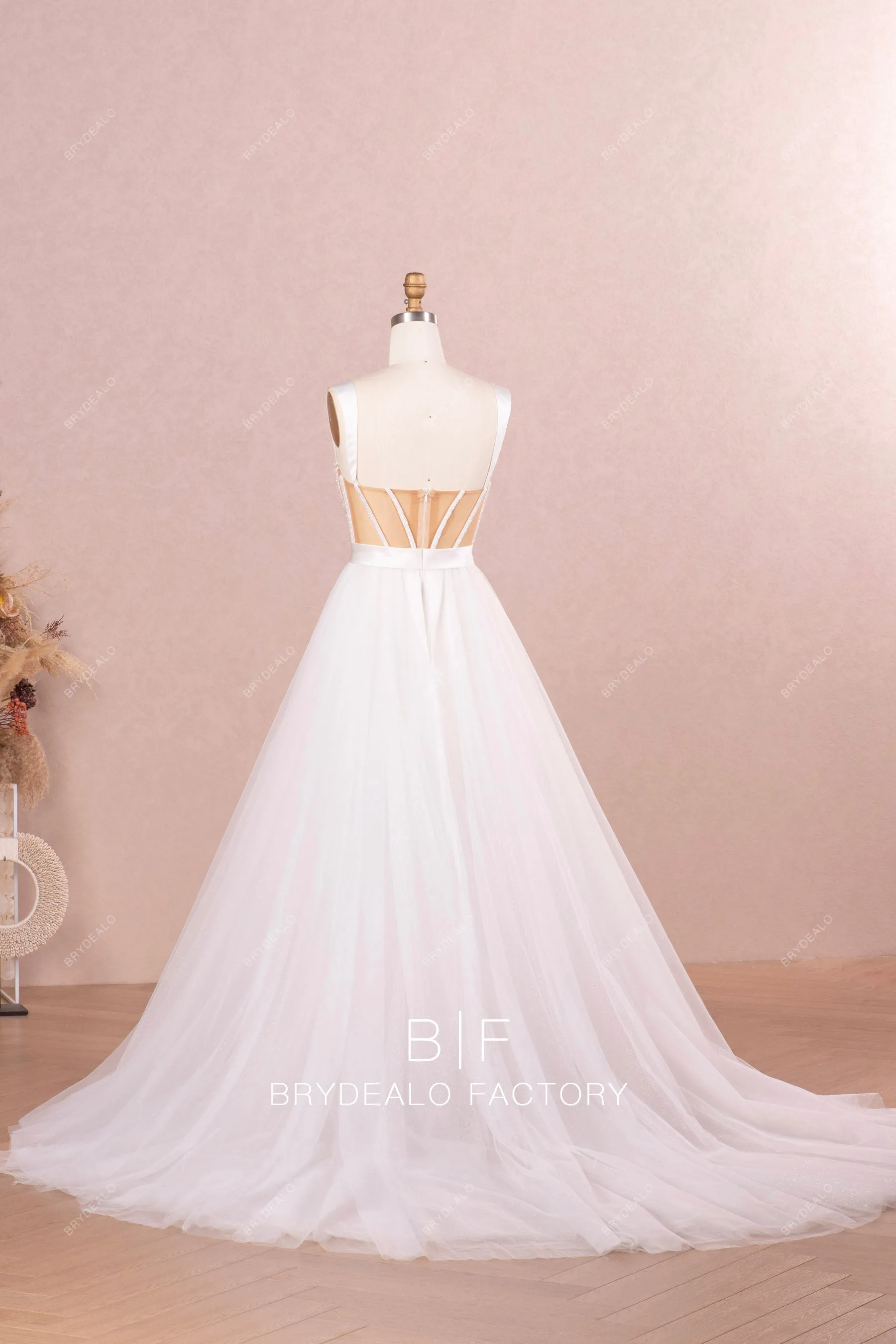 Designer Beaded Boning Illusion Corset A-line Long Wedding Dress