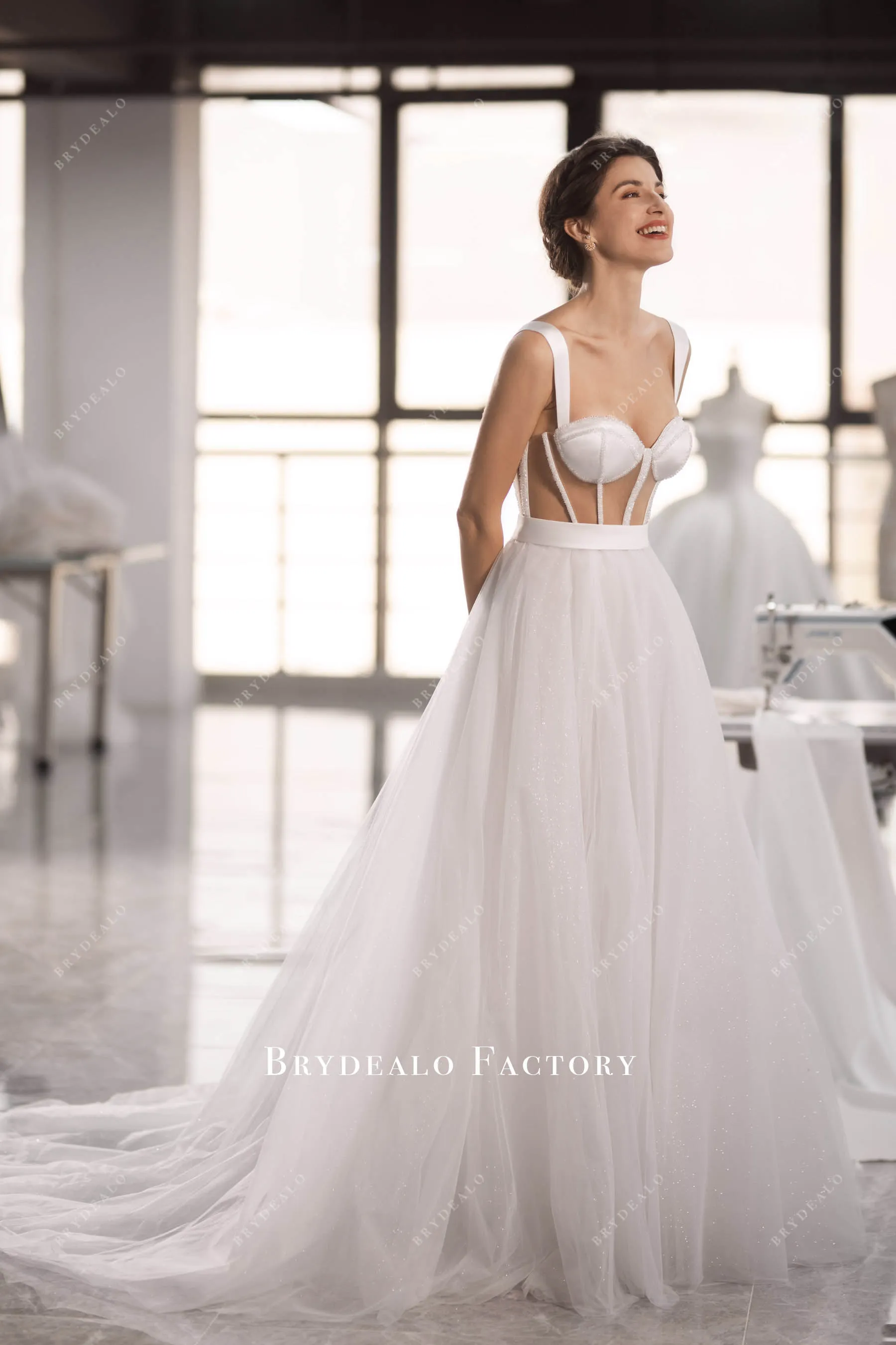 Designer Beaded Boning Illusion Corset A-line Long Wedding Dress