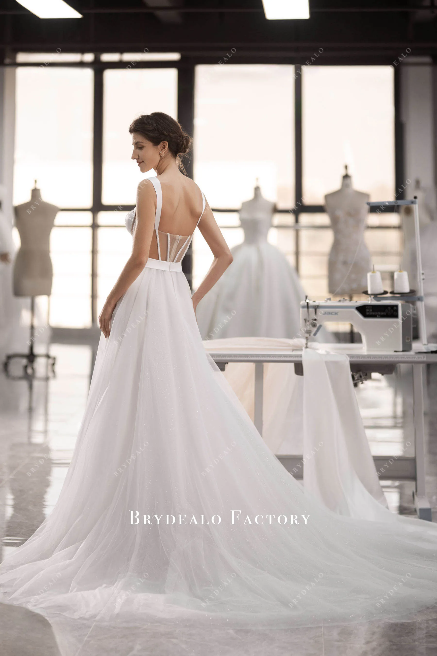 Designer Beaded Boning Illusion Corset A-line Long Wedding Dress