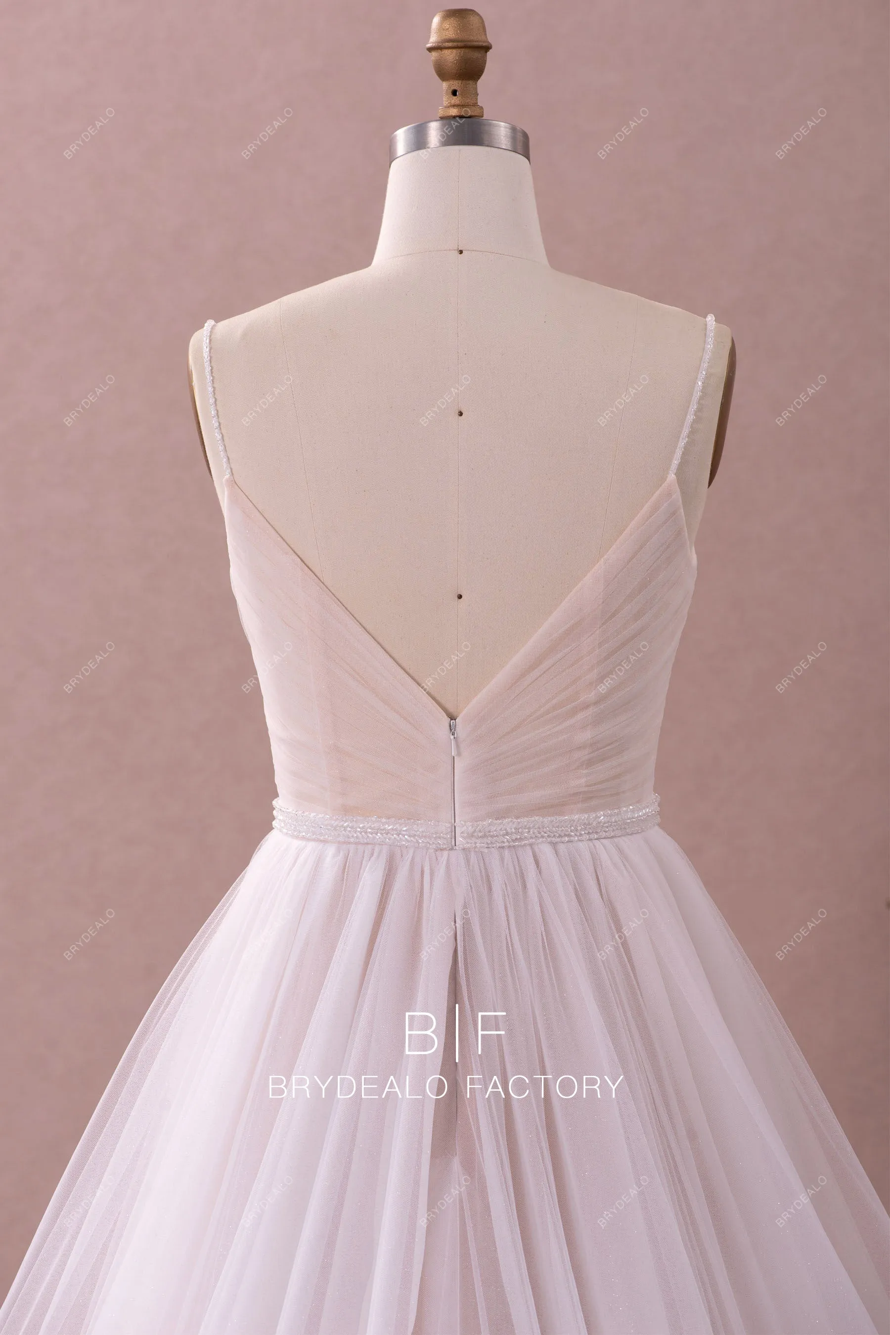 Designer Beaded Embroidered Chiffon Boho Pleated Tulle Nude Bridal Dress