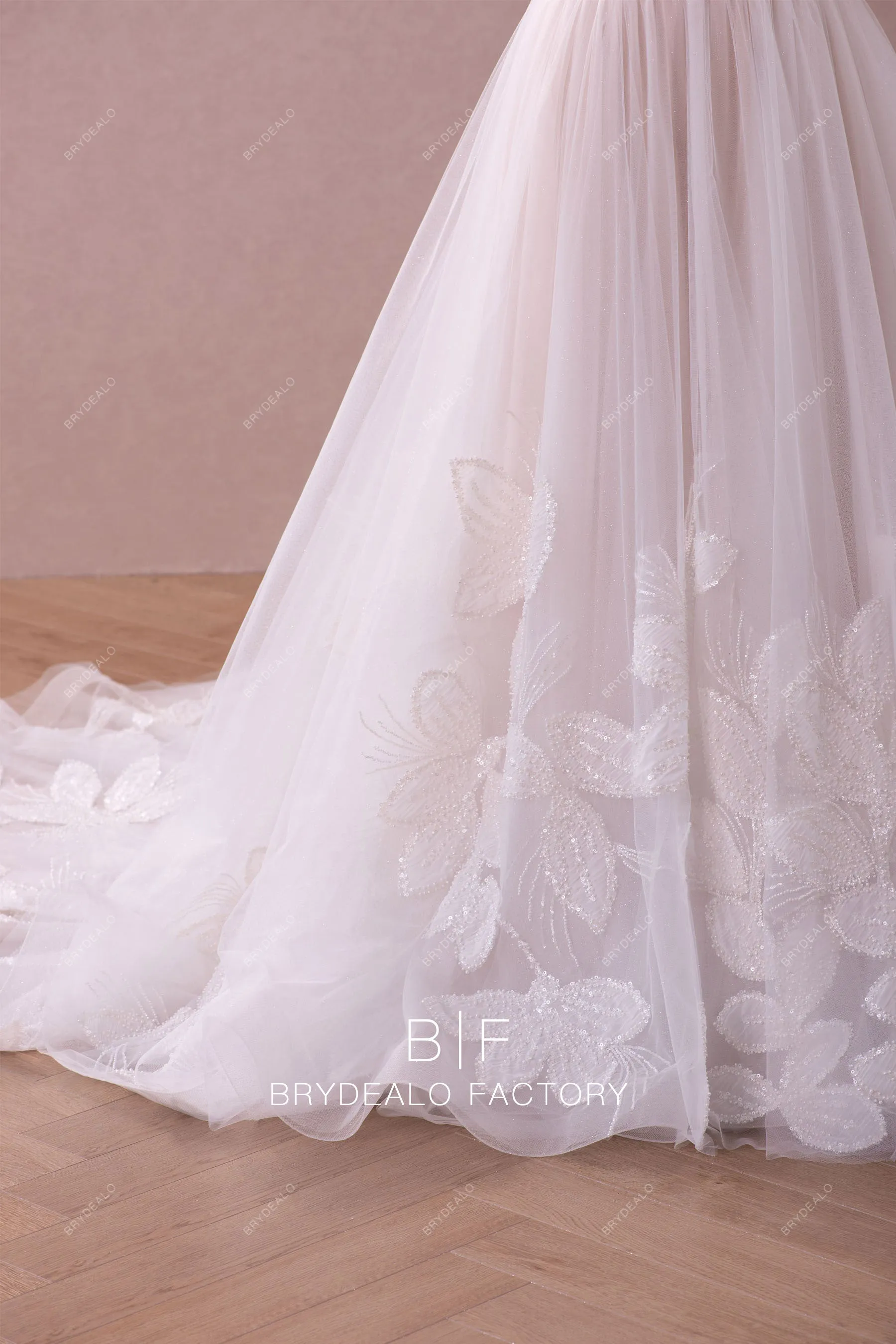 Designer Beaded Embroidered Chiffon Boho Pleated Tulle Nude Bridal Dress