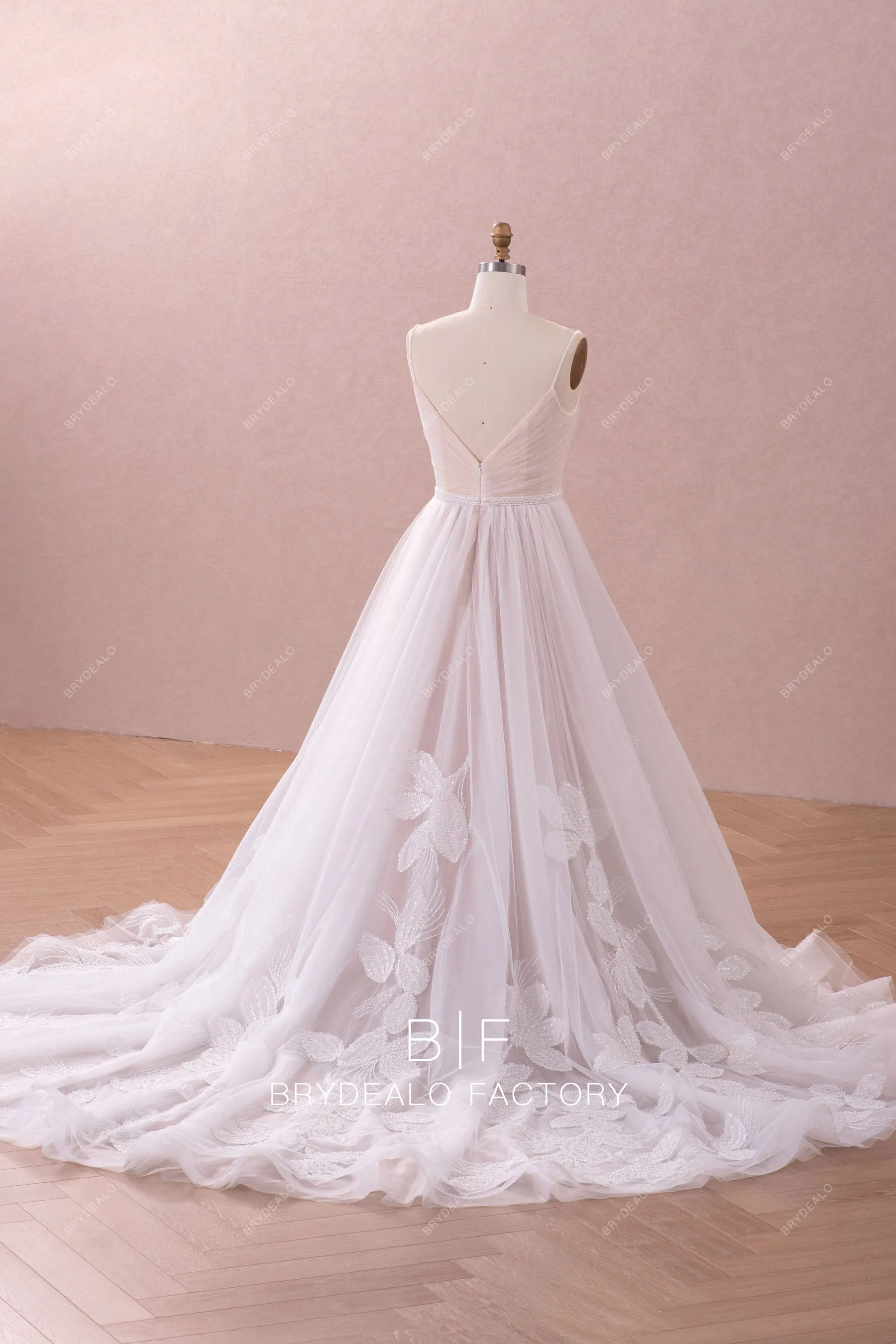 Designer Beaded Embroidered Chiffon Boho Pleated Tulle Nude Bridal Dress