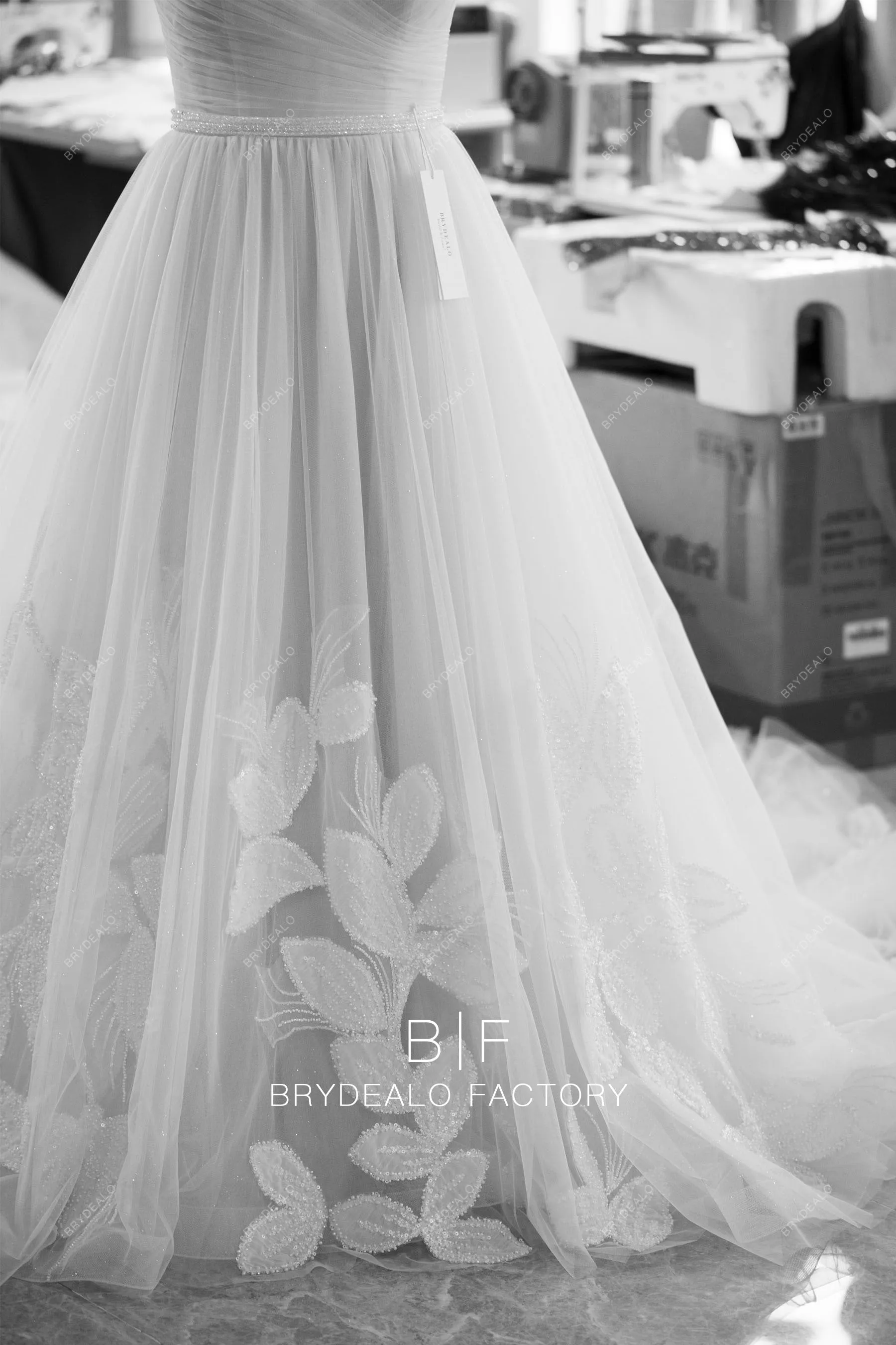 Designer Beaded Embroidered Chiffon Boho Pleated Tulle Nude Bridal Dress