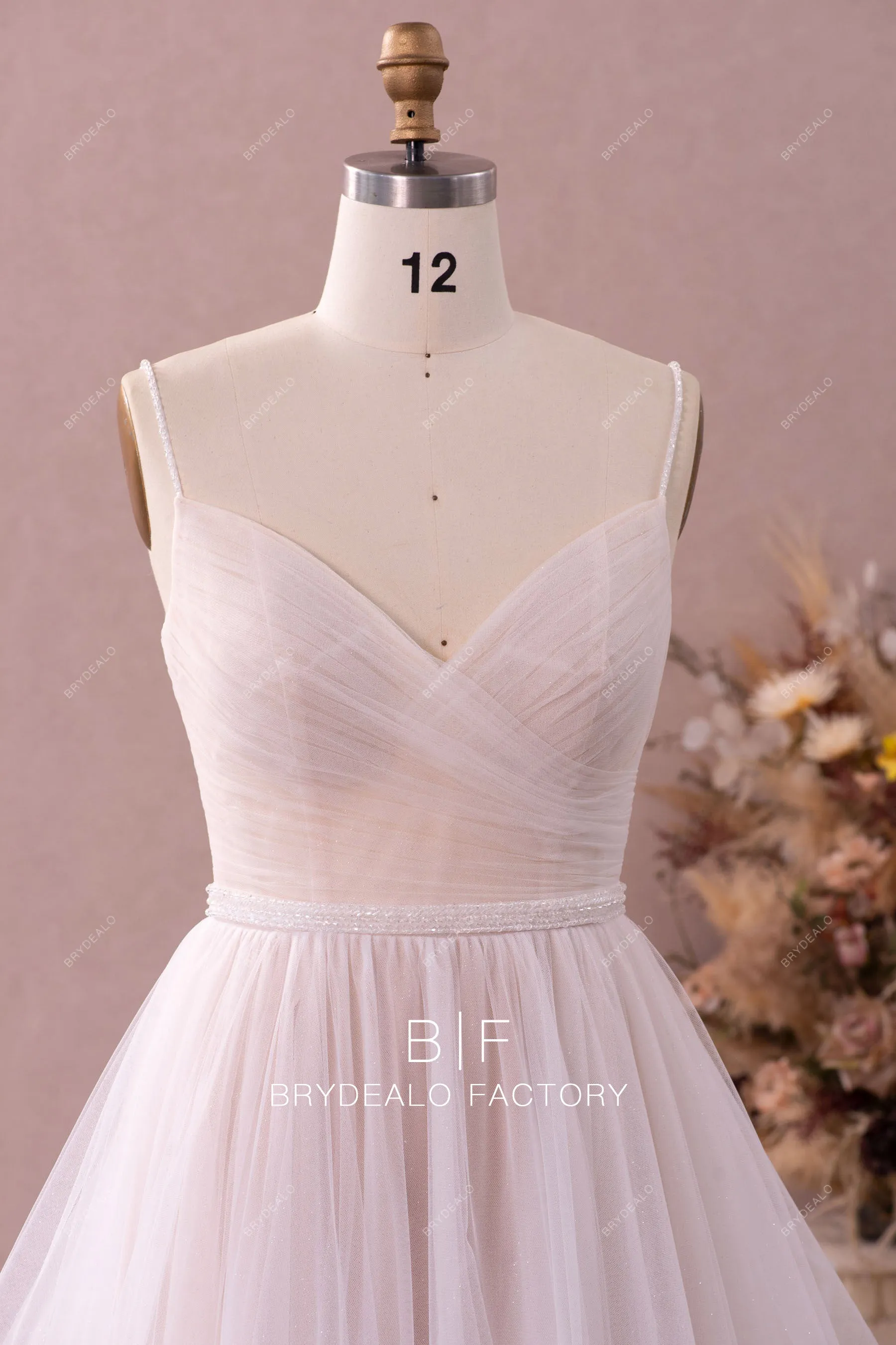 Designer Beaded Embroidered Chiffon Boho Pleated Tulle Nude Bridal Dress
