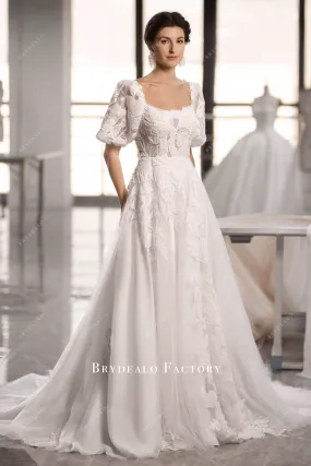 Designer Lace Half Sleeve Square Neck Destination Wedding Dress