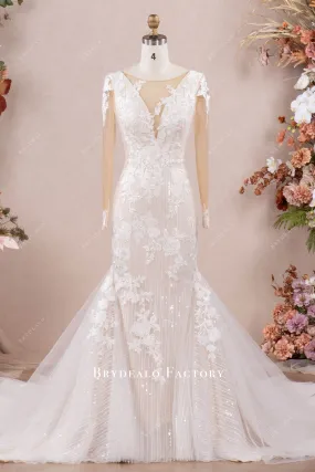 Designer Lace Long Sleeve Mermaid Sparkly Modern Wedding Dress