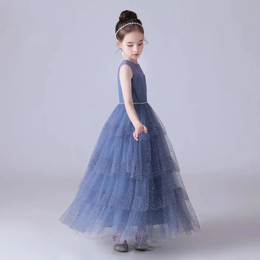 Dusty Blue Beaded Sleeveless Pleated Tulle Girls Dress