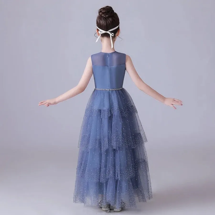 Dusty Blue Beaded Sleeveless Pleated Tulle Girls Dress