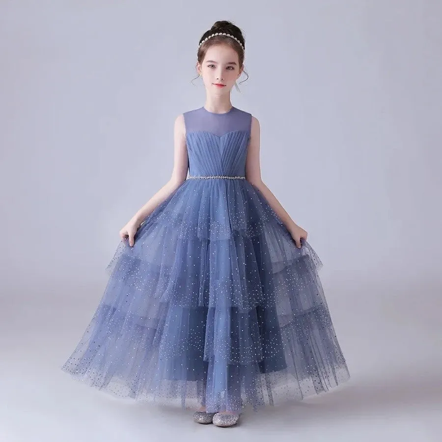 Dusty Blue Beaded Sleeveless Pleated Tulle Girls Dress
