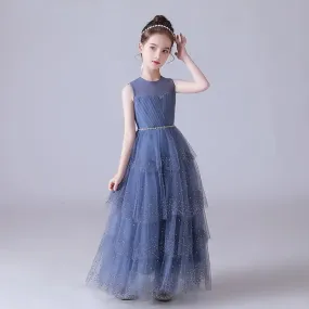 Dusty Blue Beaded Sleeveless Pleated Tulle Girls Dress