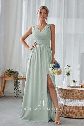 Dusty Sage Chiffon V-neck Long Elegant Slit Dress