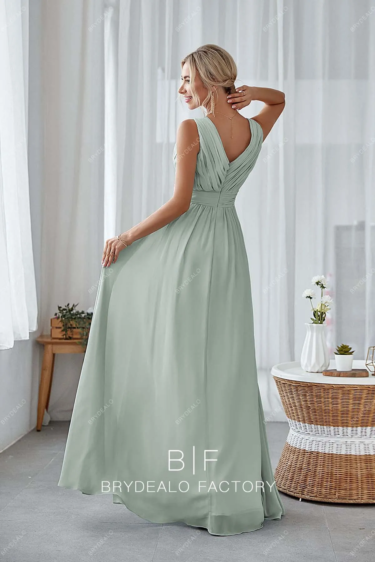Dusty Sage Chiffon V-neck Long Elegant Slit Dress
