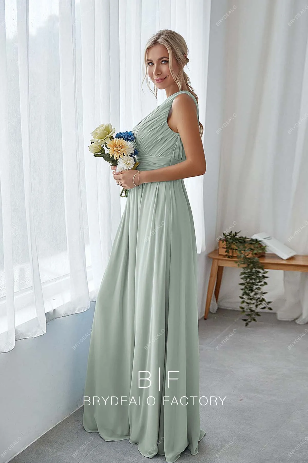 Dusty Sage Chiffon V-neck Long Elegant Slit Dress