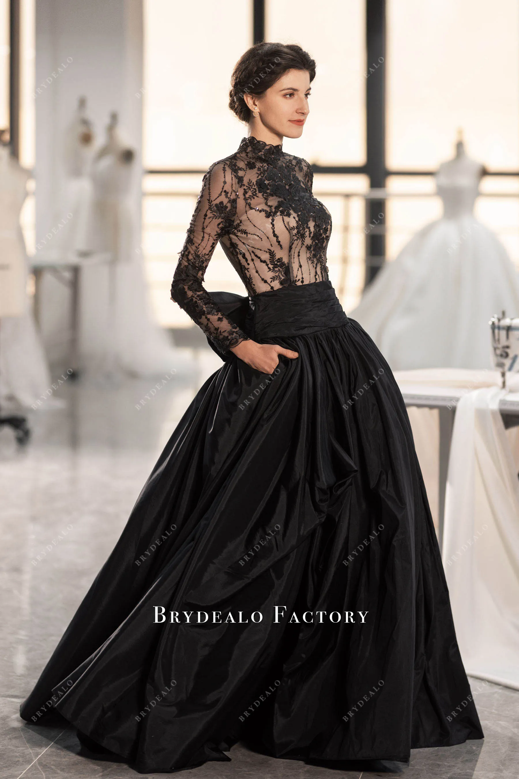 Elegant Black Flower Taffeta Drop Waist Wedding Ballgown