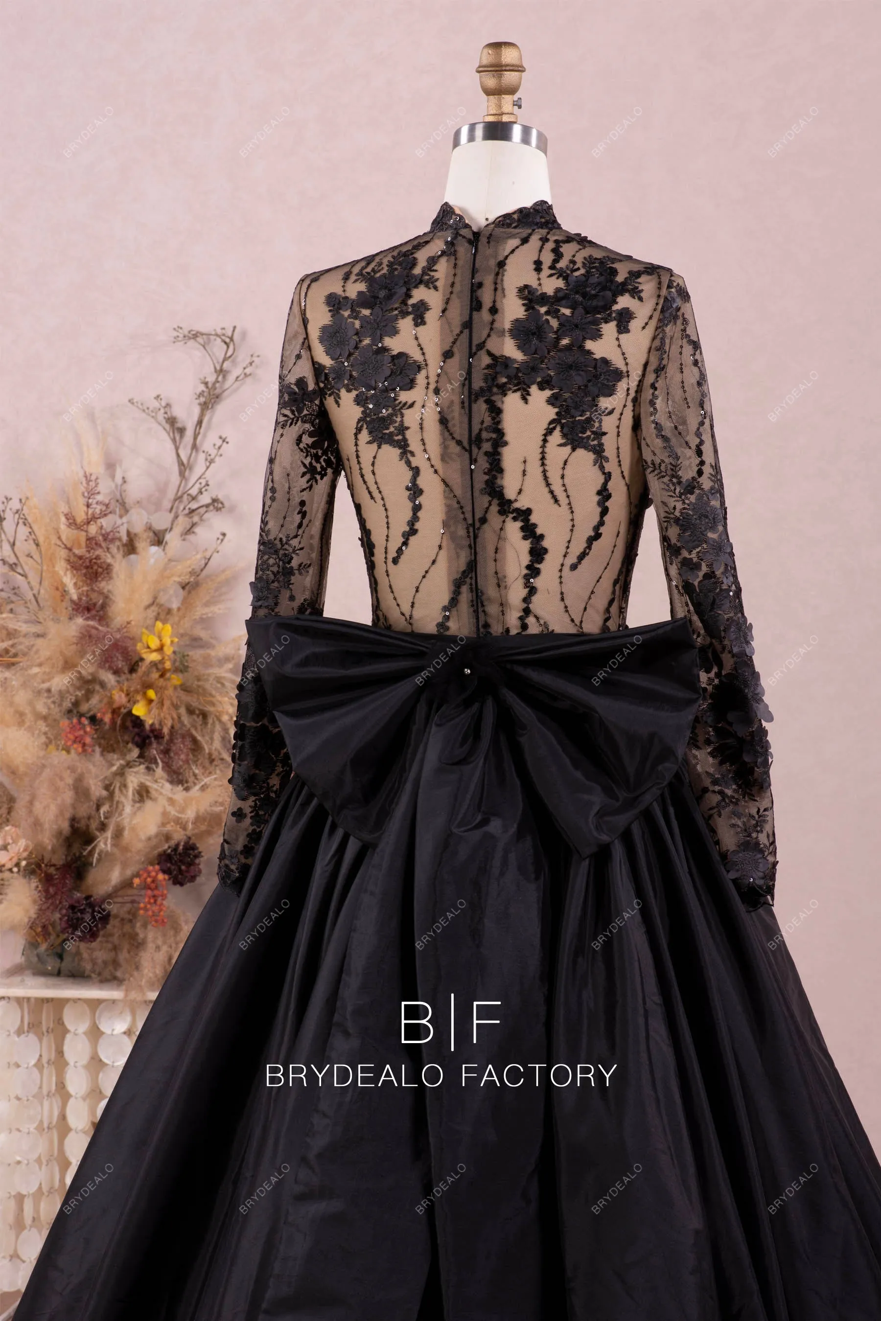 Elegant Black Flower Taffeta Drop Waist Wedding Ballgown