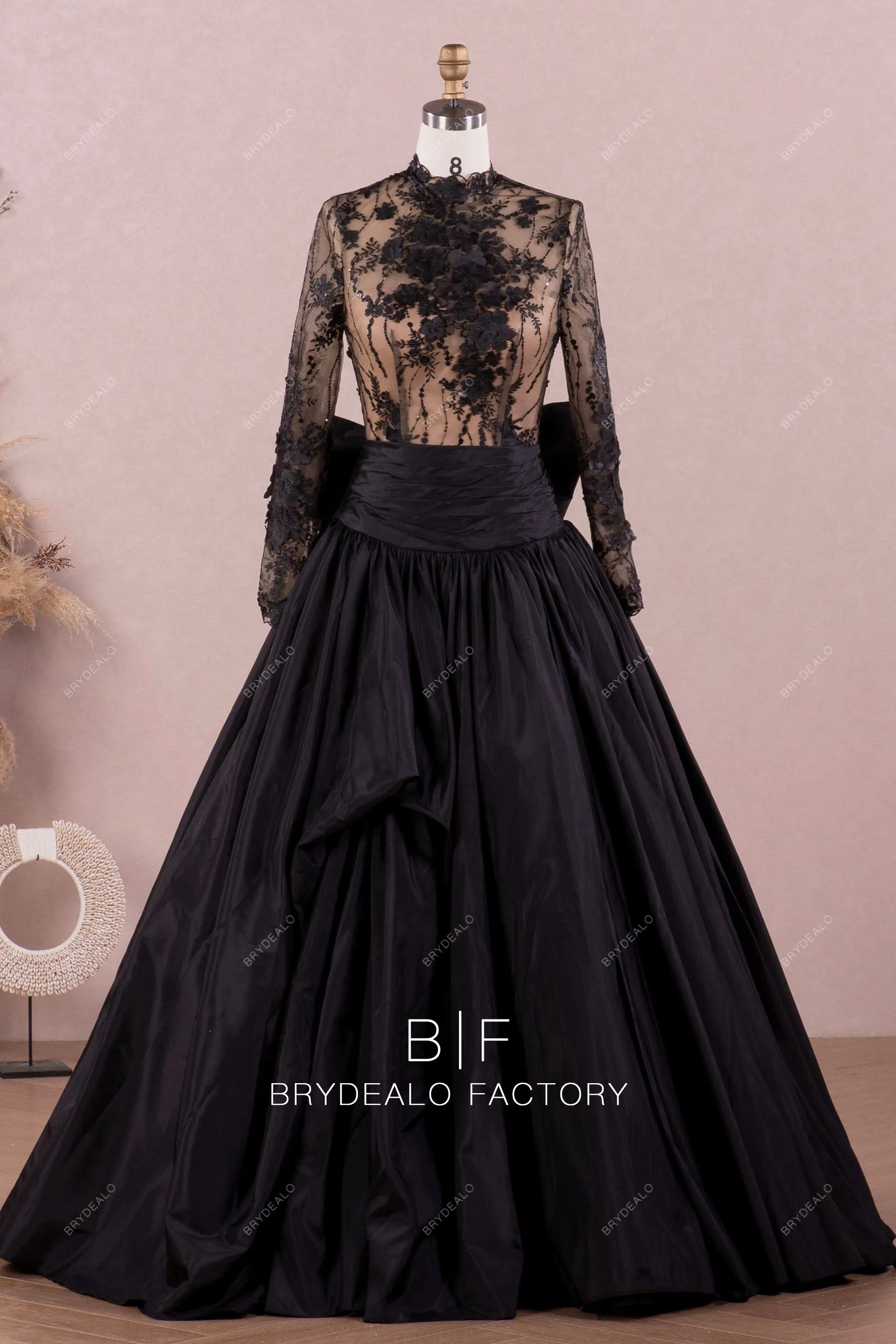 Elegant Black Flower Taffeta Drop Waist Wedding Ballgown