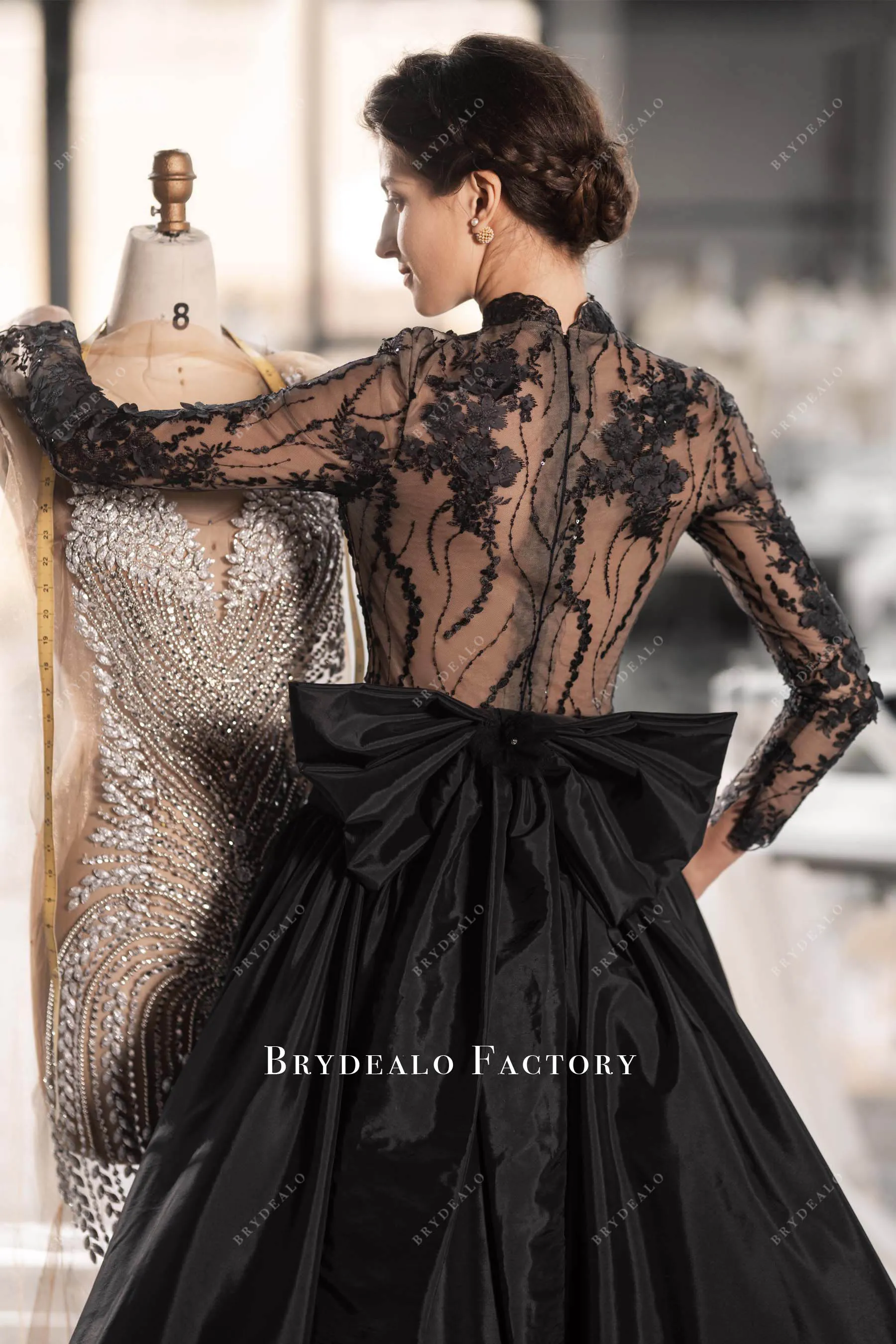 Elegant Black Flower Taffeta Drop Waist Wedding Ballgown
