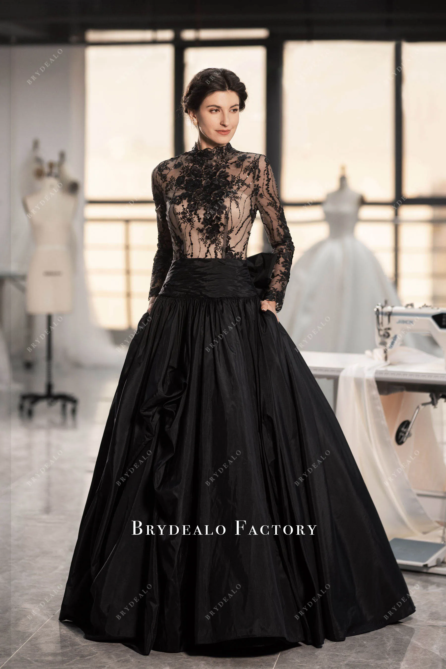 Elegant Black Flower Taffeta Drop Waist Wedding Ballgown