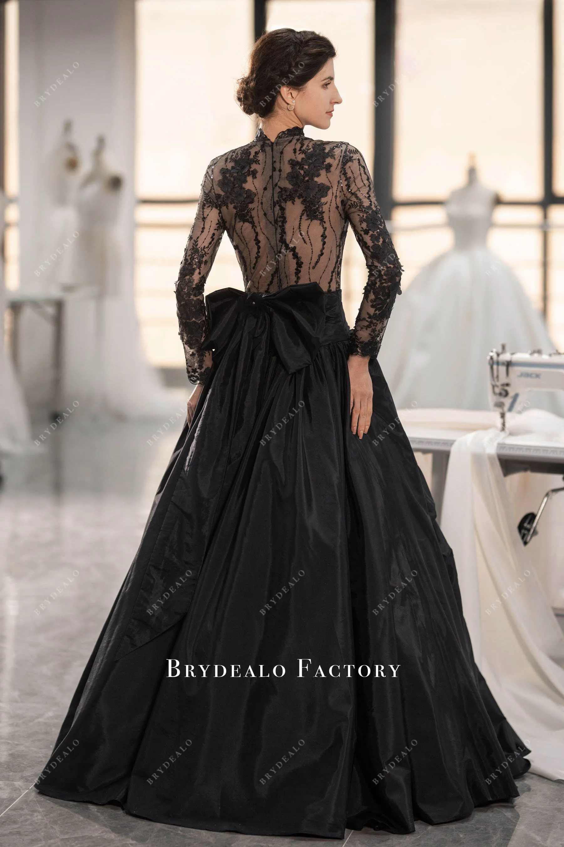 Elegant Black Flower Taffeta Drop Waist Wedding Ballgown