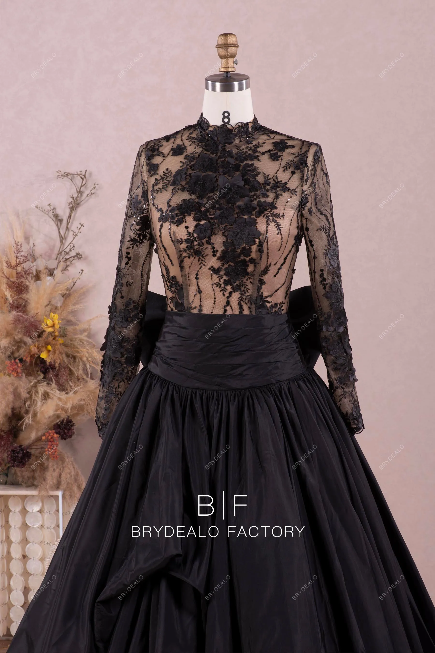 Elegant Black Flower Taffeta Drop Waist Wedding Ballgown