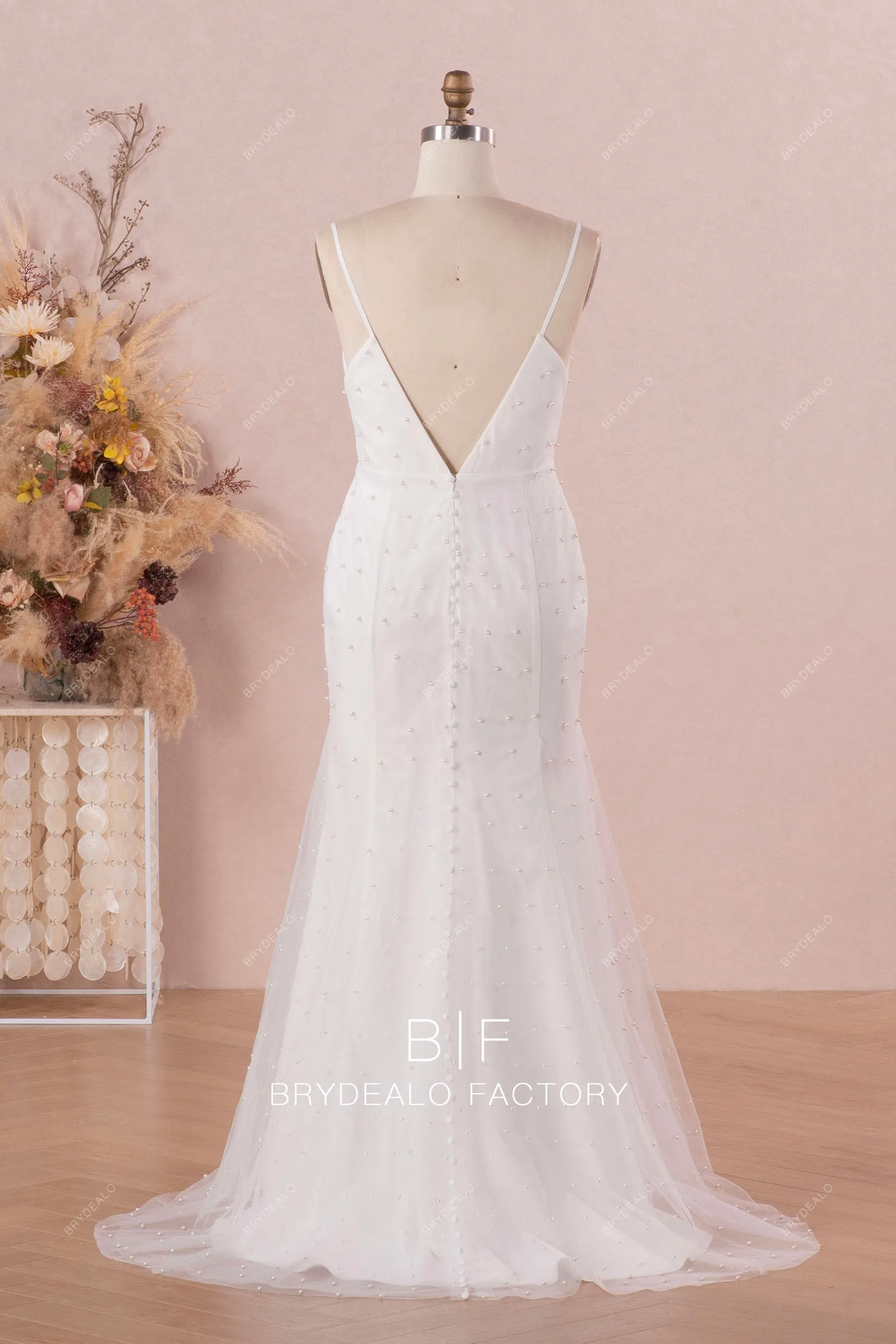 Elegant Pearls Deep Neck Destination Cathedral Overskirt Bridal Dress