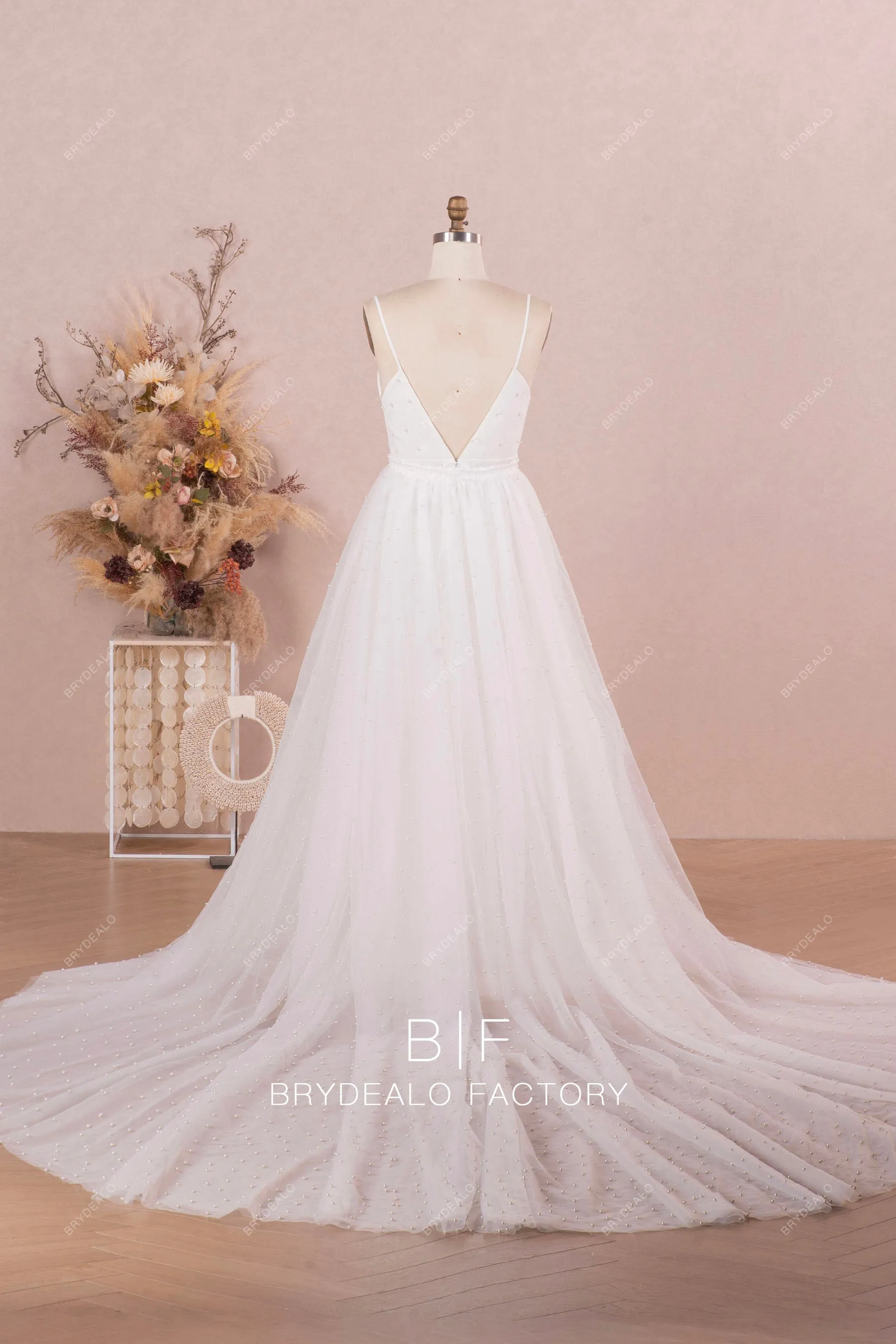 Elegant Pearls Deep Neck Destination Cathedral Overskirt Bridal Dress