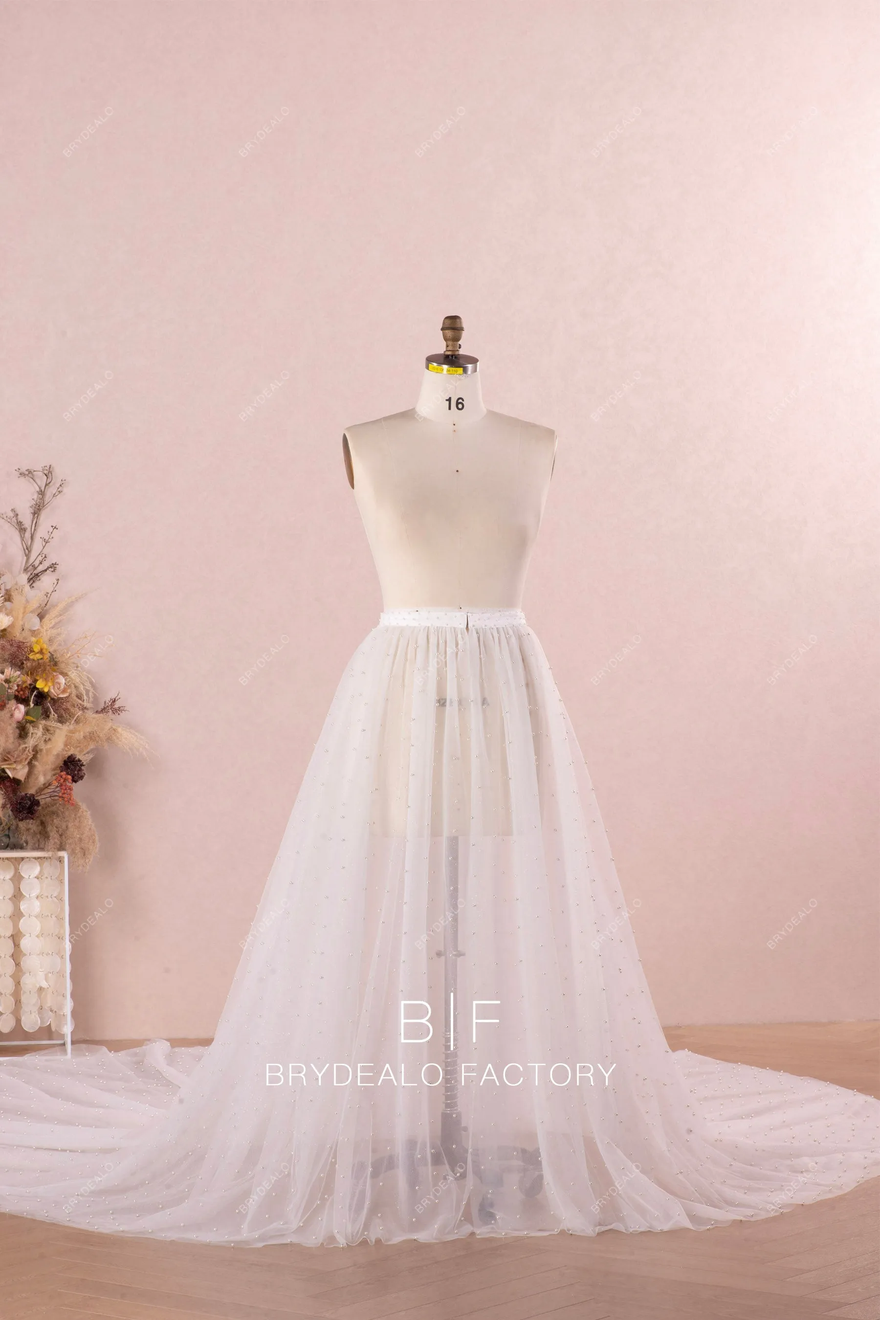 Elegant Pearls Deep Neck Destination Cathedral Overskirt Bridal Dress