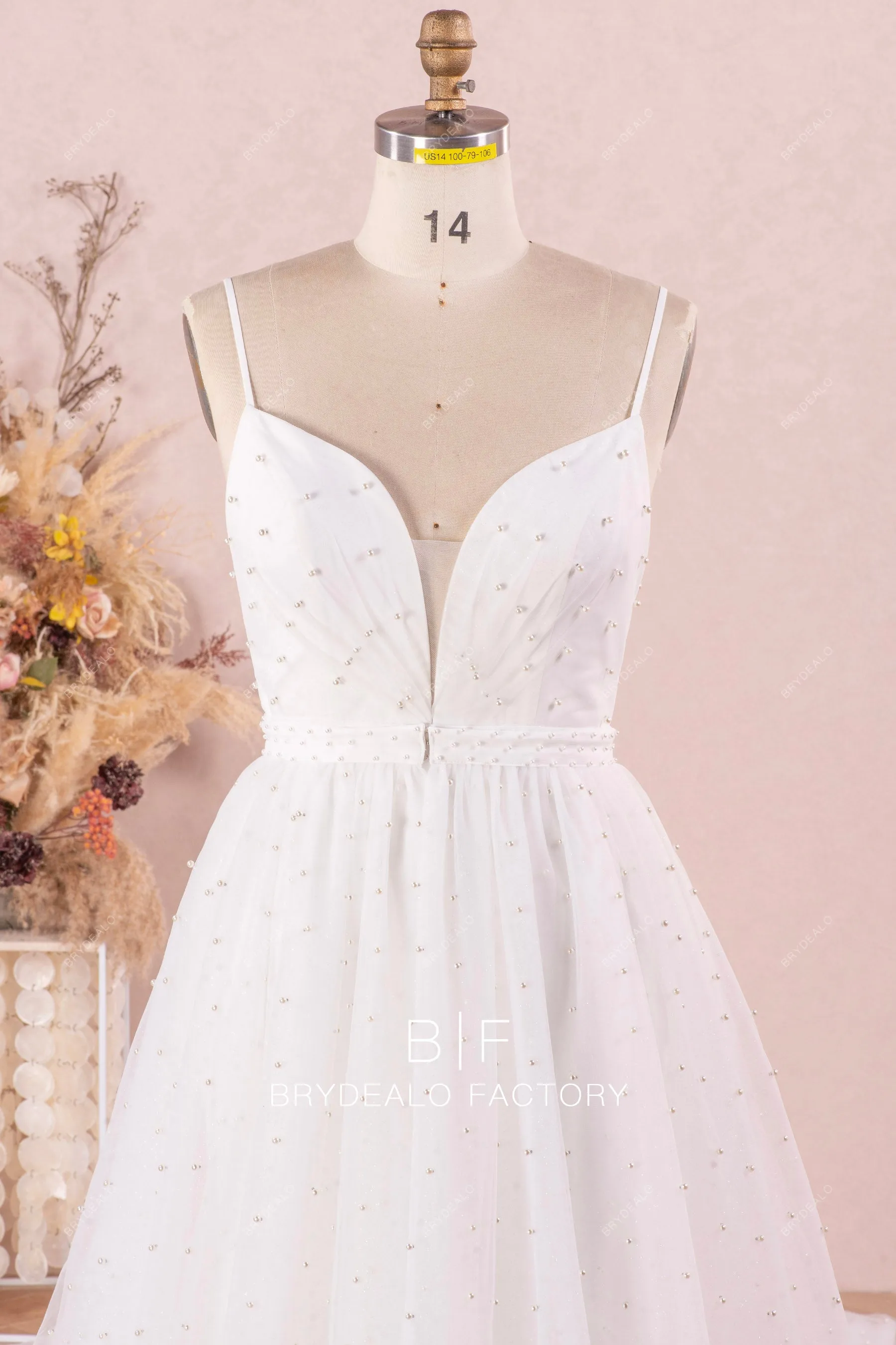Elegant Pearls Deep Neck Destination Cathedral Overskirt Bridal Dress