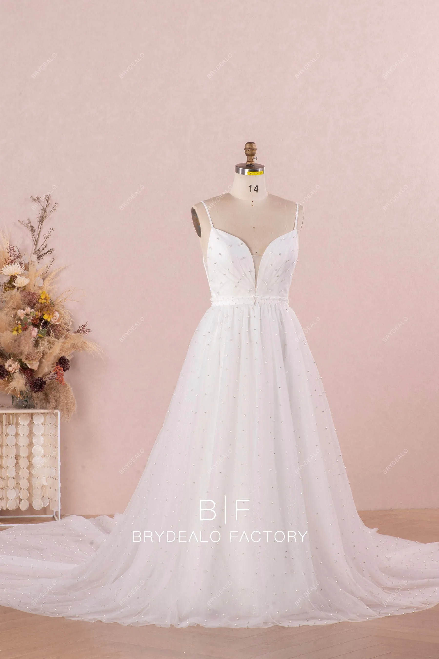 Elegant Pearls Deep Neck Destination Cathedral Overskirt Bridal Dress