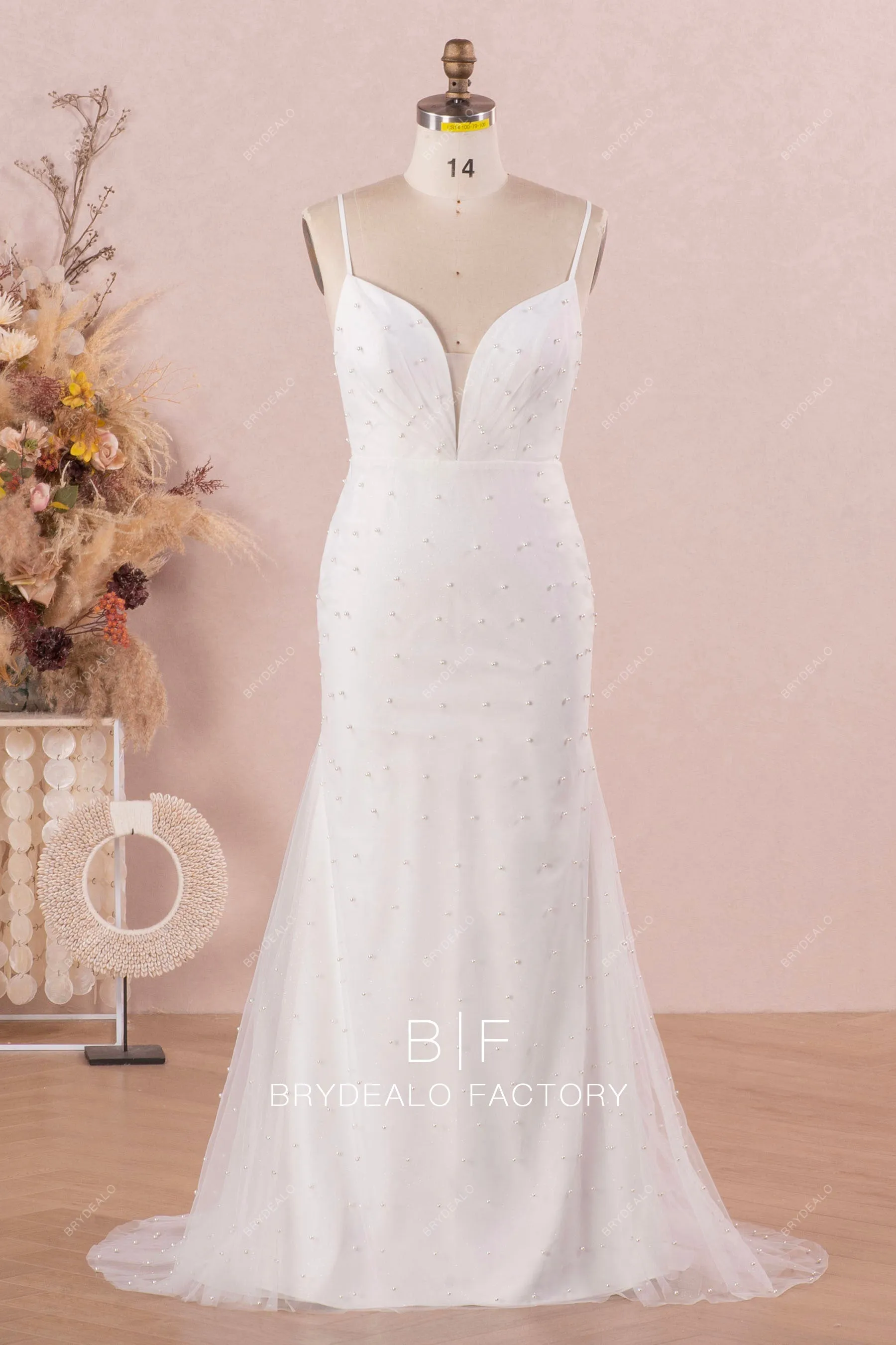 Elegant Pearls Deep Neck Destination Cathedral Overskirt Bridal Dress