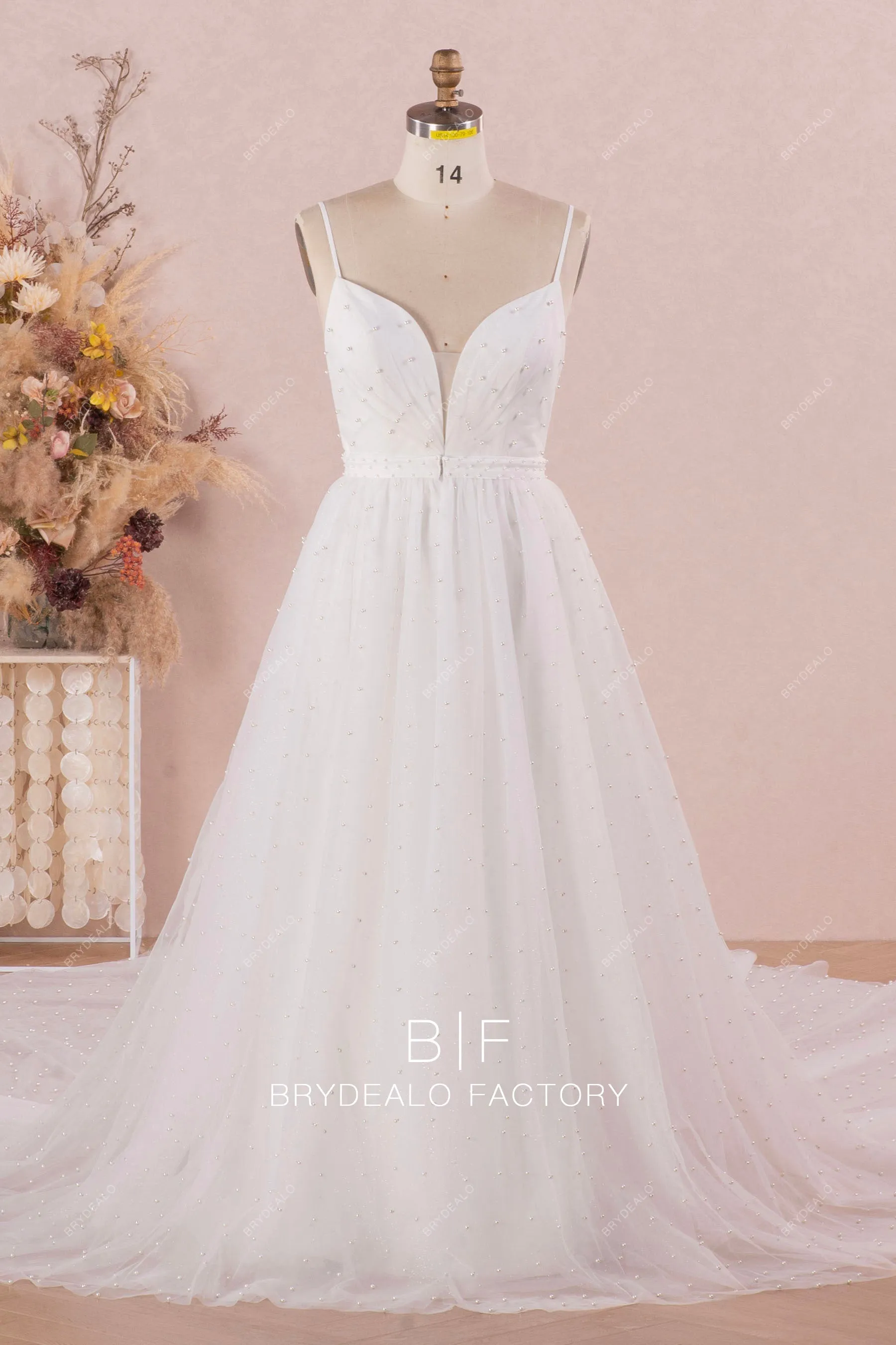 Elegant Pearls Deep Neck Destination Cathedral Overskirt Bridal Dress