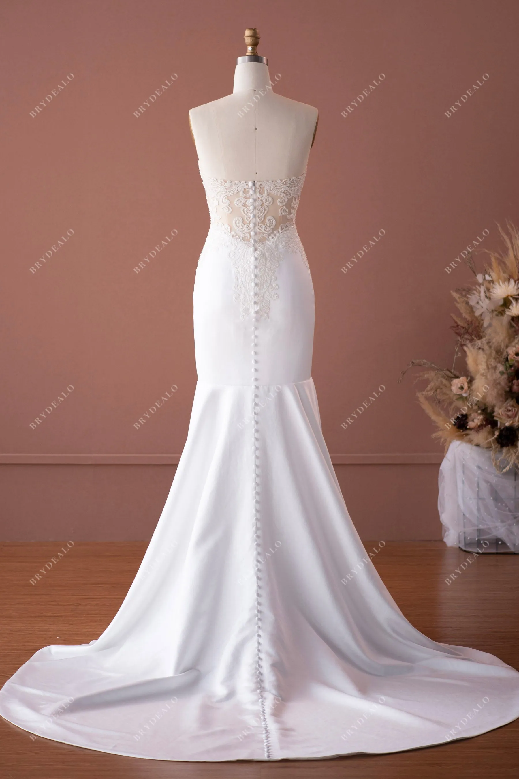 Elegant Satin Mermaid Beaded Plunging Strapless Wedding Dress