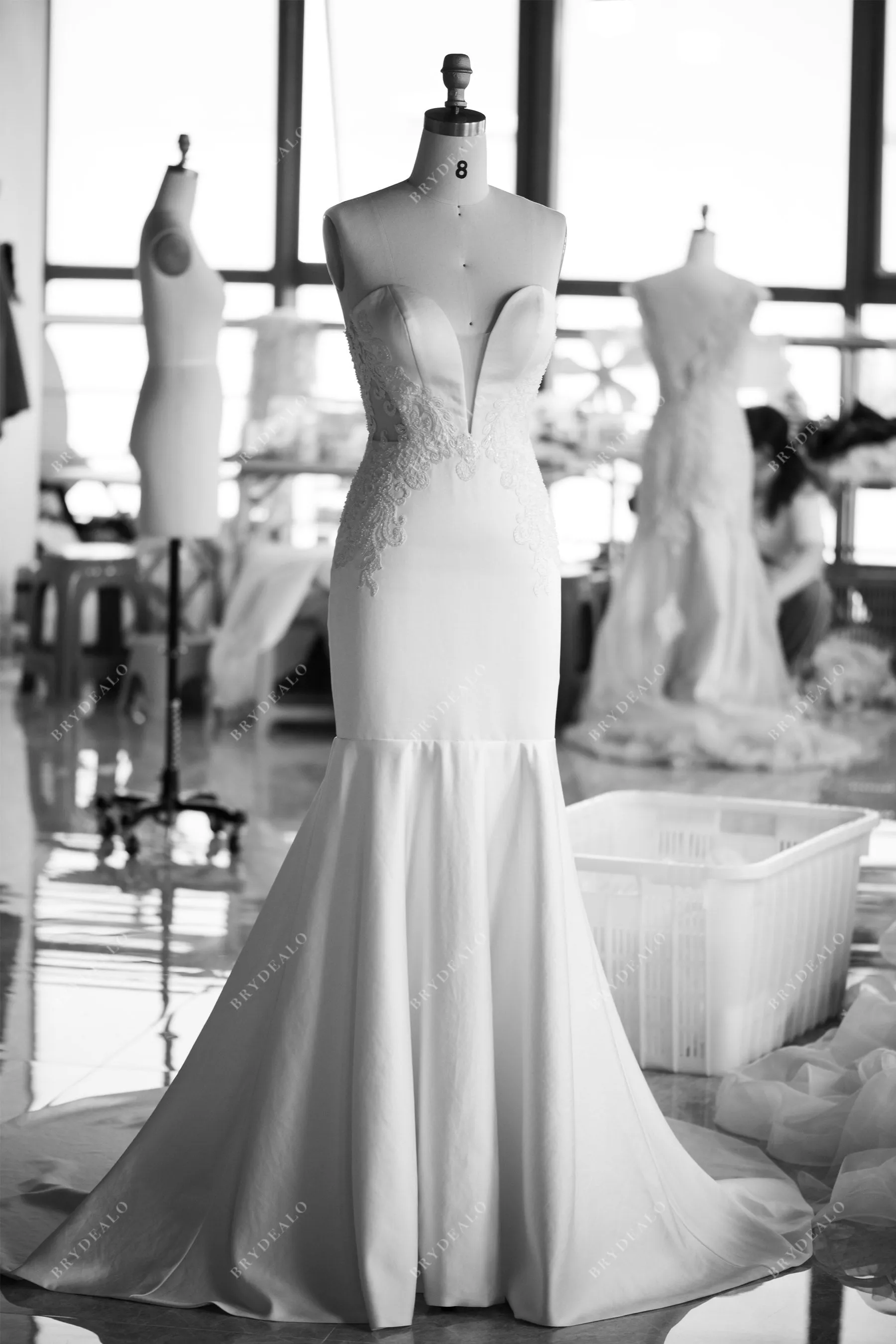 Elegant Satin Mermaid Beaded Plunging Strapless Wedding Dress