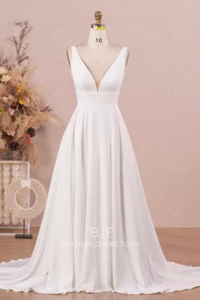 Elegant Sleeveless Plunging Neck Designer Crepe A-line Wedding Dress