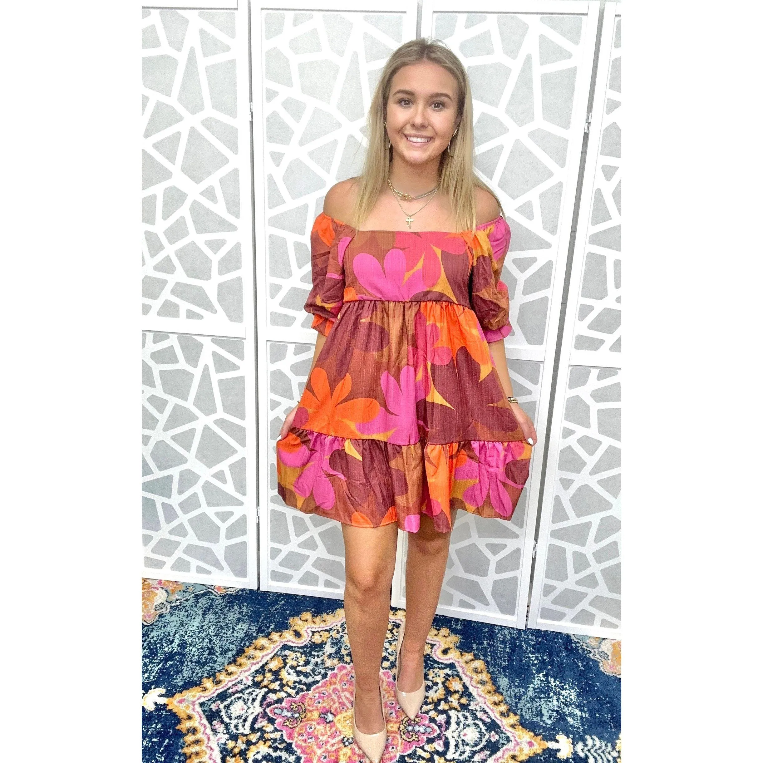 Fall Floral Ruffle Sleeve Babydoll Dress