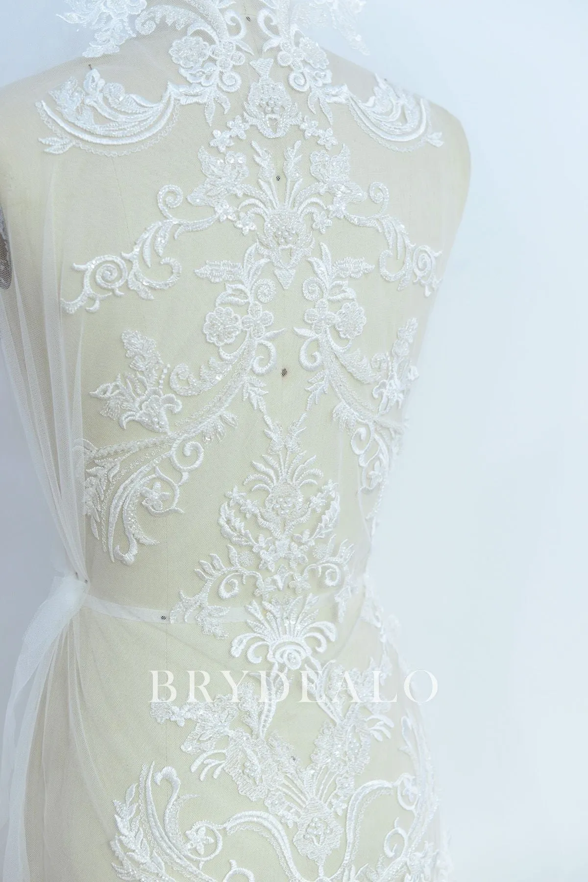 Fashion Shimmery Symmetrical Beaded Flower Lace Fabric Online