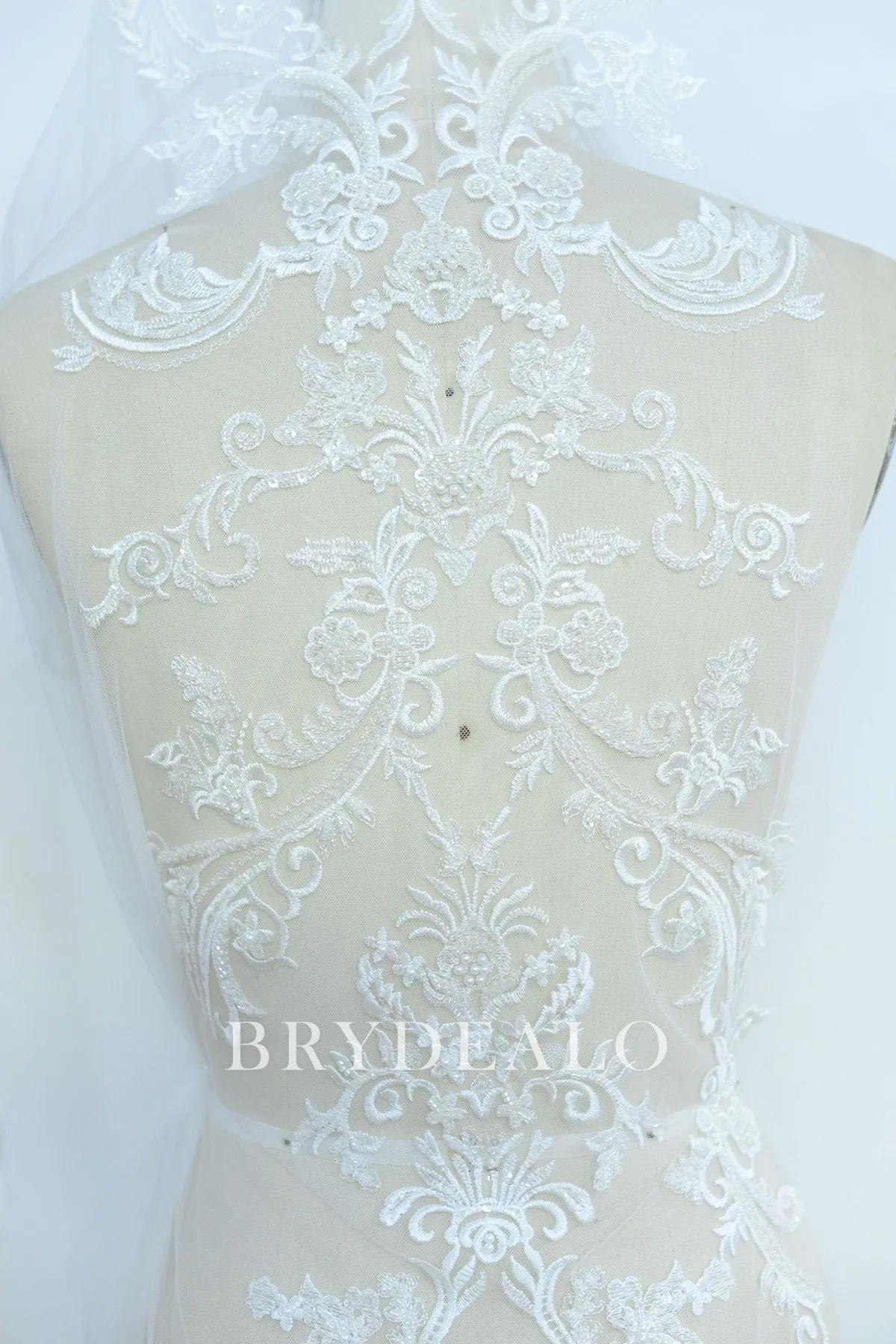 Fashion Shimmery Symmetrical Beaded Flower Lace Fabric Online