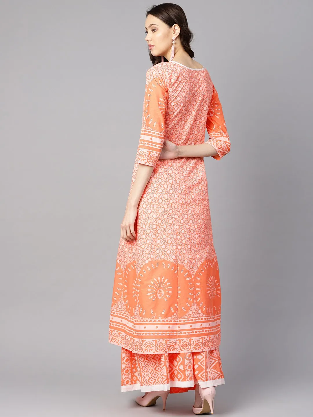 Floral White Khadi Printed A-Line Kurta With White Khadi Geometric Printed Skirt