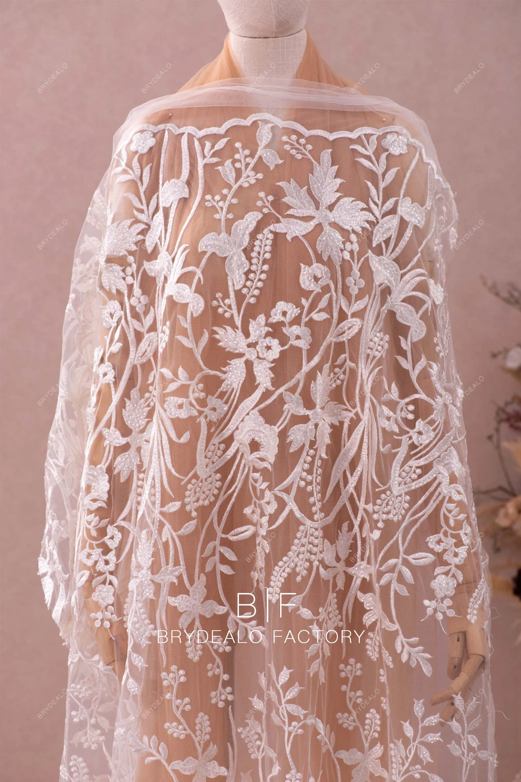 Floristic Sheer Sequin Embroidery Lace Fabric By The Yard