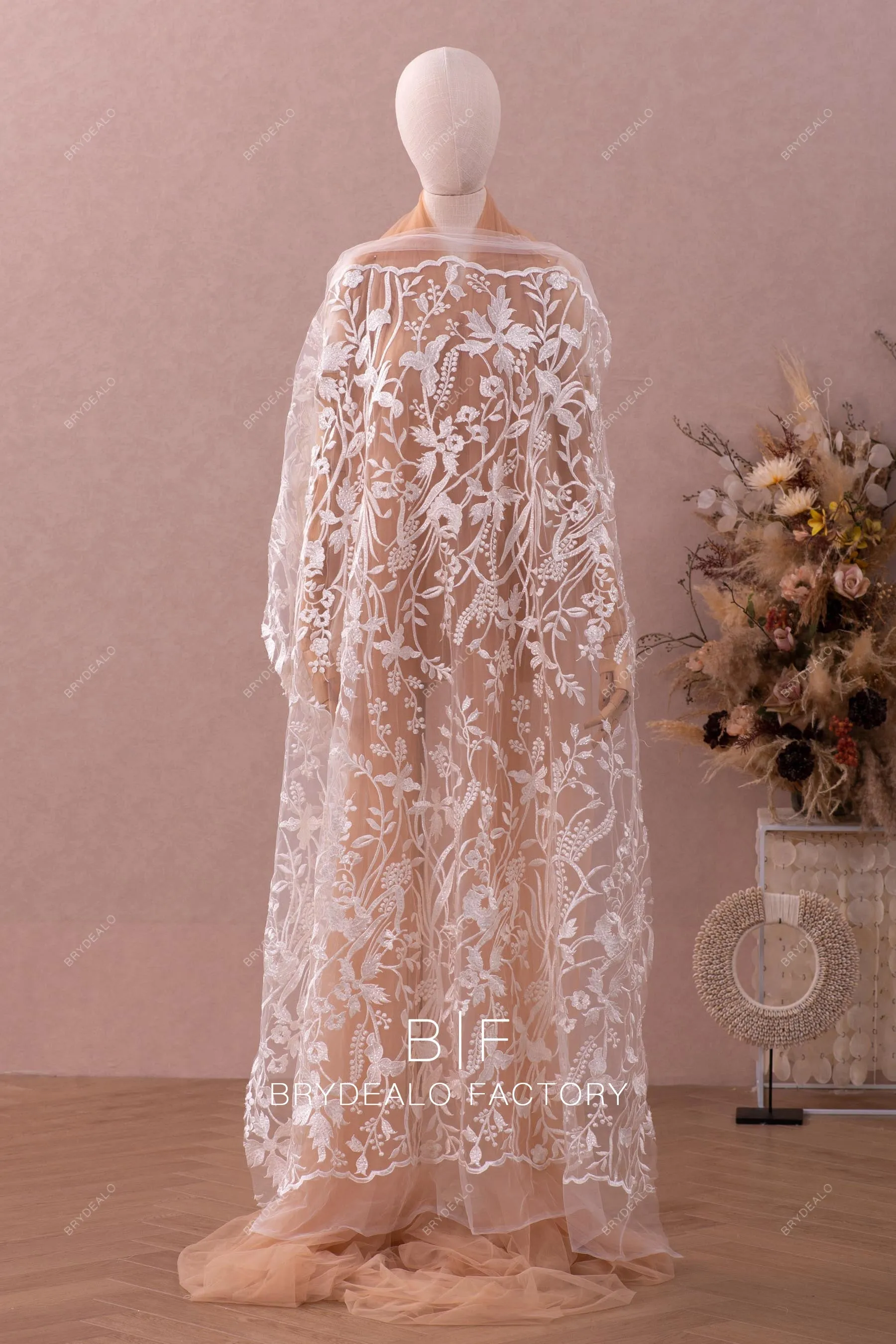 Floristic Sheer Sequin Embroidery Lace Fabric By The Yard