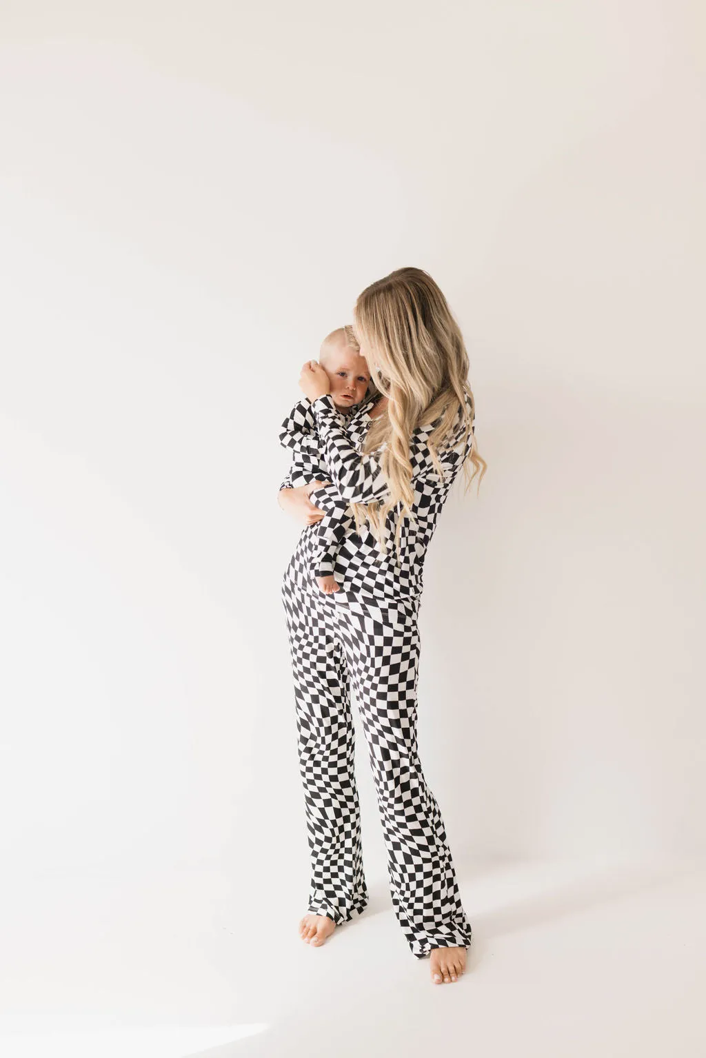 Forever French Bamboo Zip Romper - B&W Wavy Checkerboard