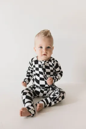 Forever French Bamboo Zip Romper - B&W Wavy Checkerboard