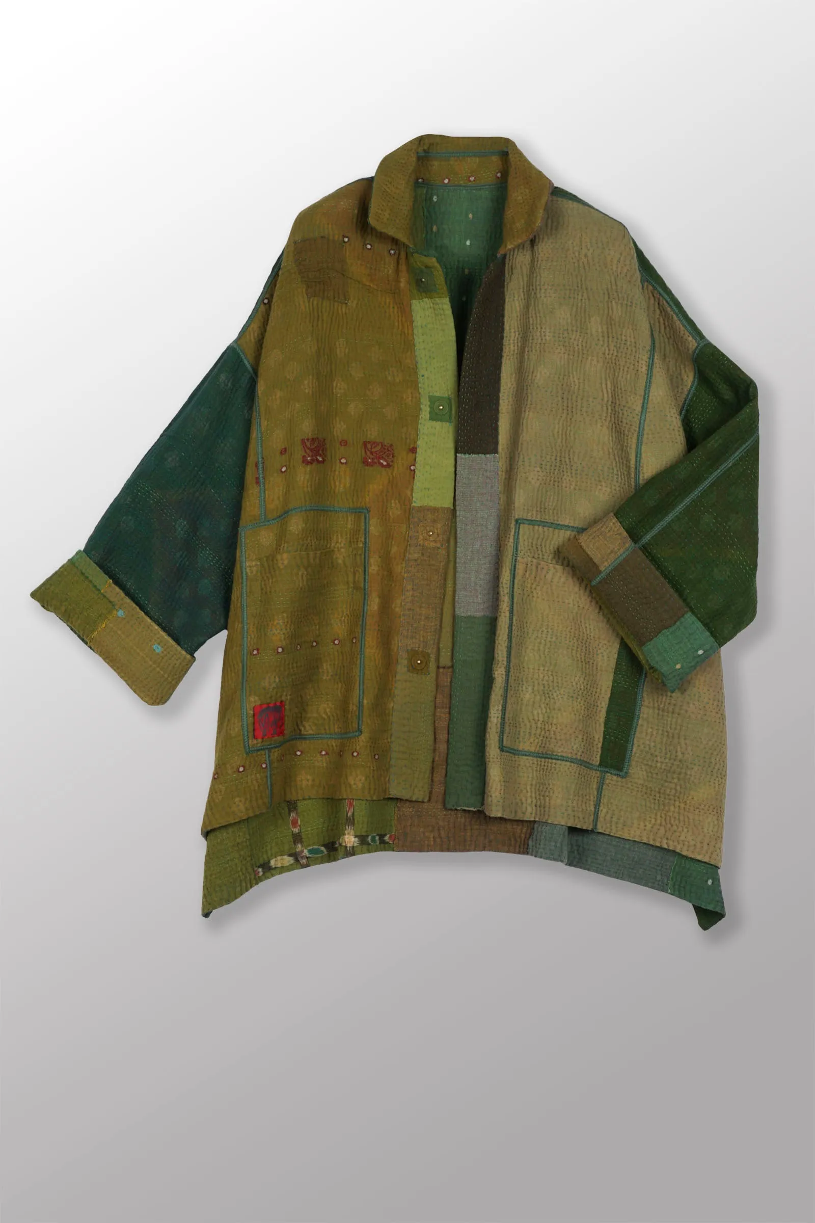 FRAYED PATCH MIX KANTHA OVERSIZED MINI COAT - fm4332-grn -