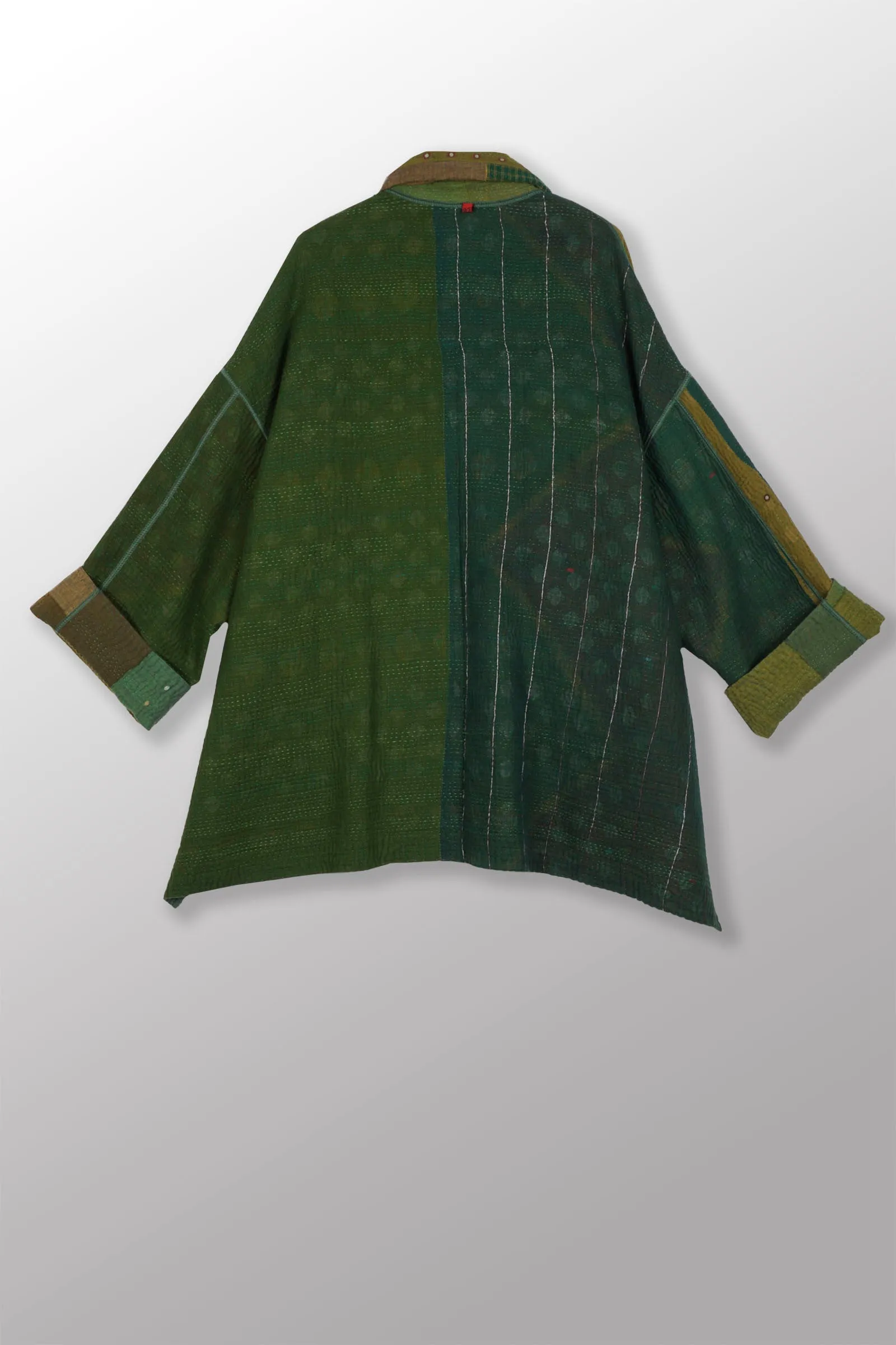 FRAYED PATCH MIX KANTHA OVERSIZED MINI COAT - fm4332-grn -