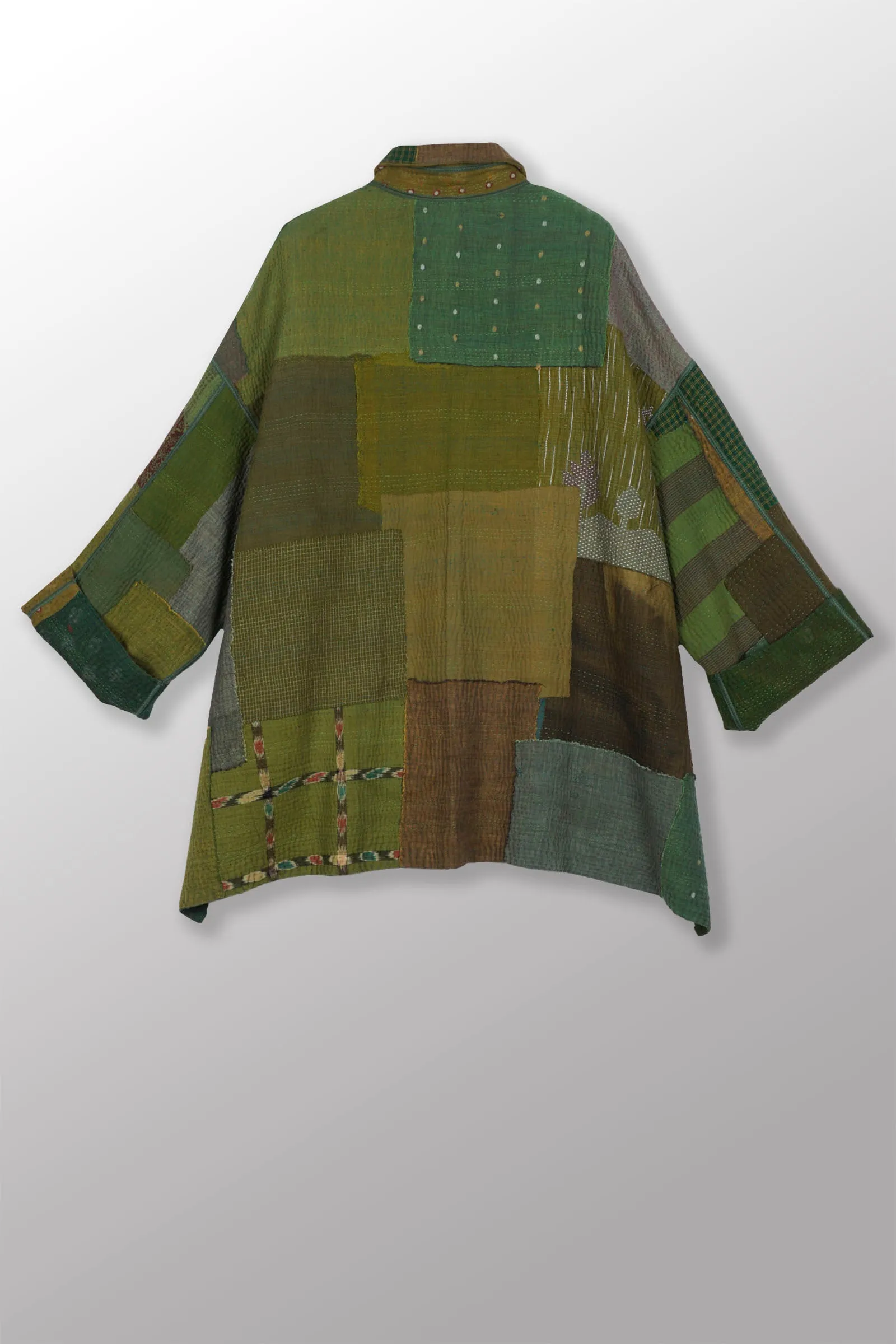 FRAYED PATCH MIX KANTHA OVERSIZED MINI COAT - fm4332-grn -