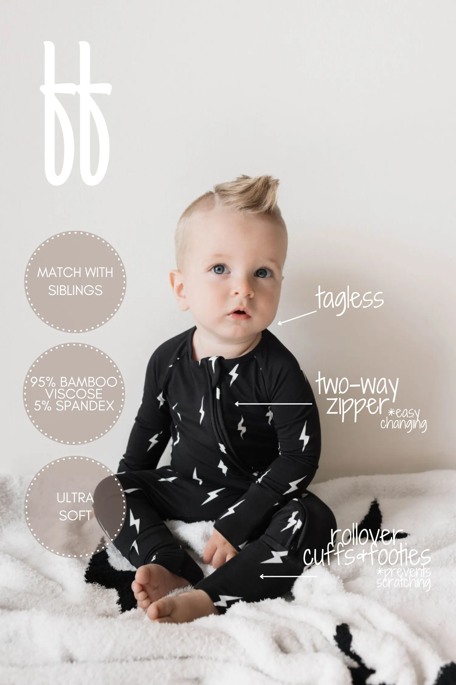 French Baby Bamboo Zip Romper - Midnight Lightning Bolt