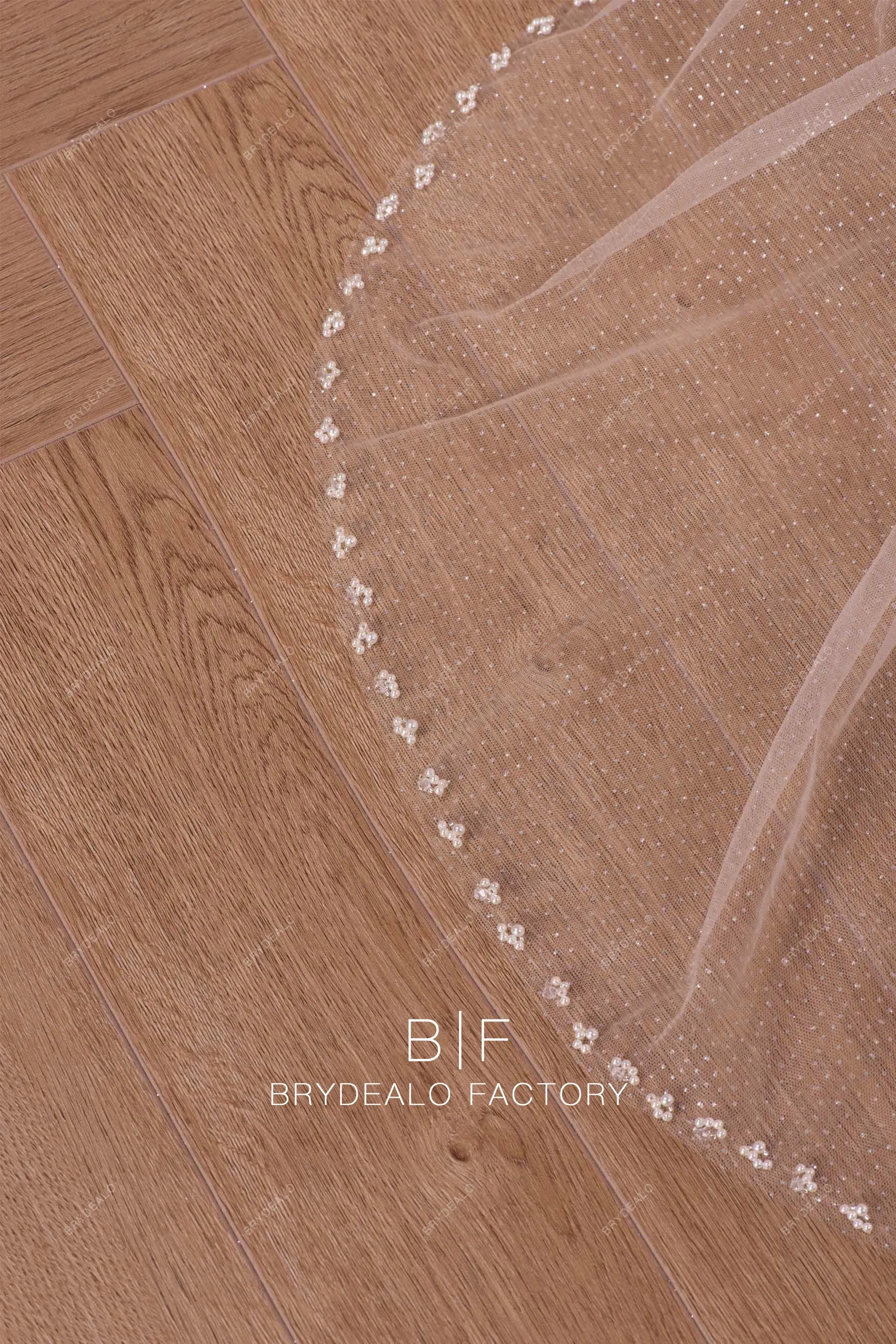 Hand-sewn Beading Edge Shimmery Single Tier Long Bridal Veil
