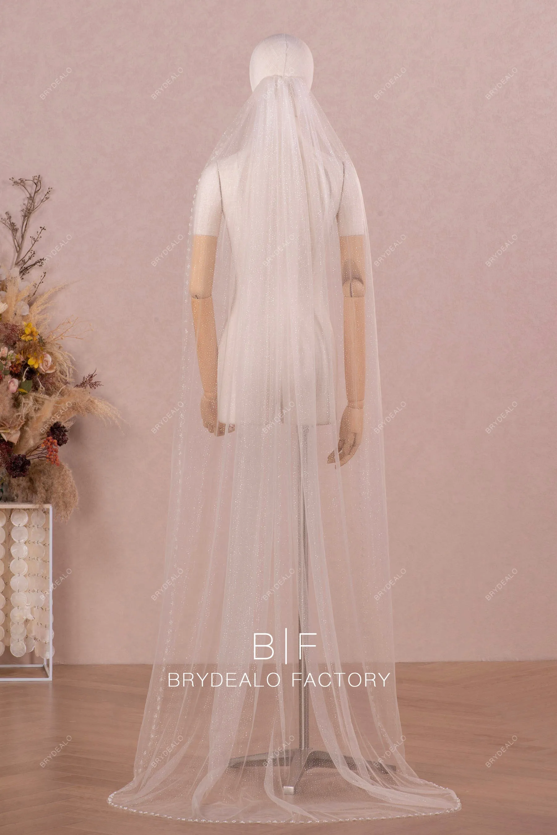 Hand-sewn Beading Edge Shimmery Single Tier Long Bridal Veil