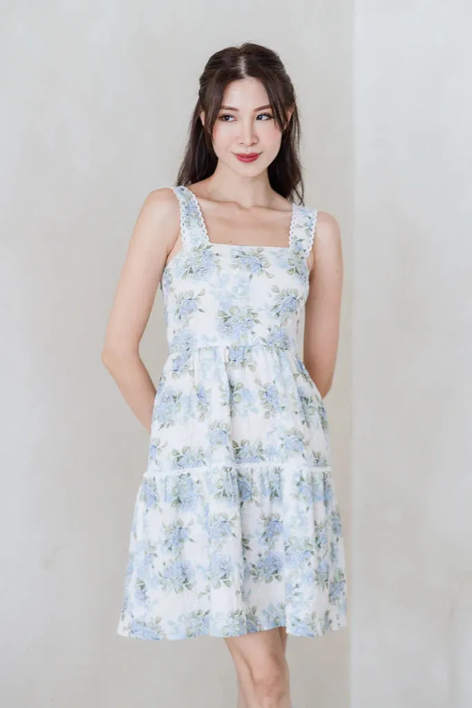 Hera Emboss Lattice Tier Babydoll Dress - Blue Rose